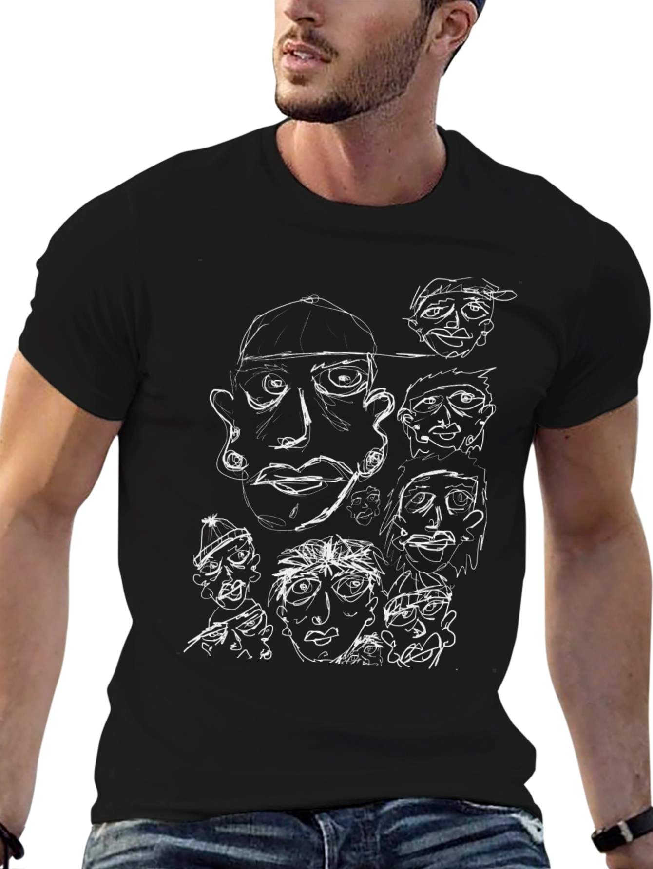 Abstract Faces Graphic Black T-Shirt