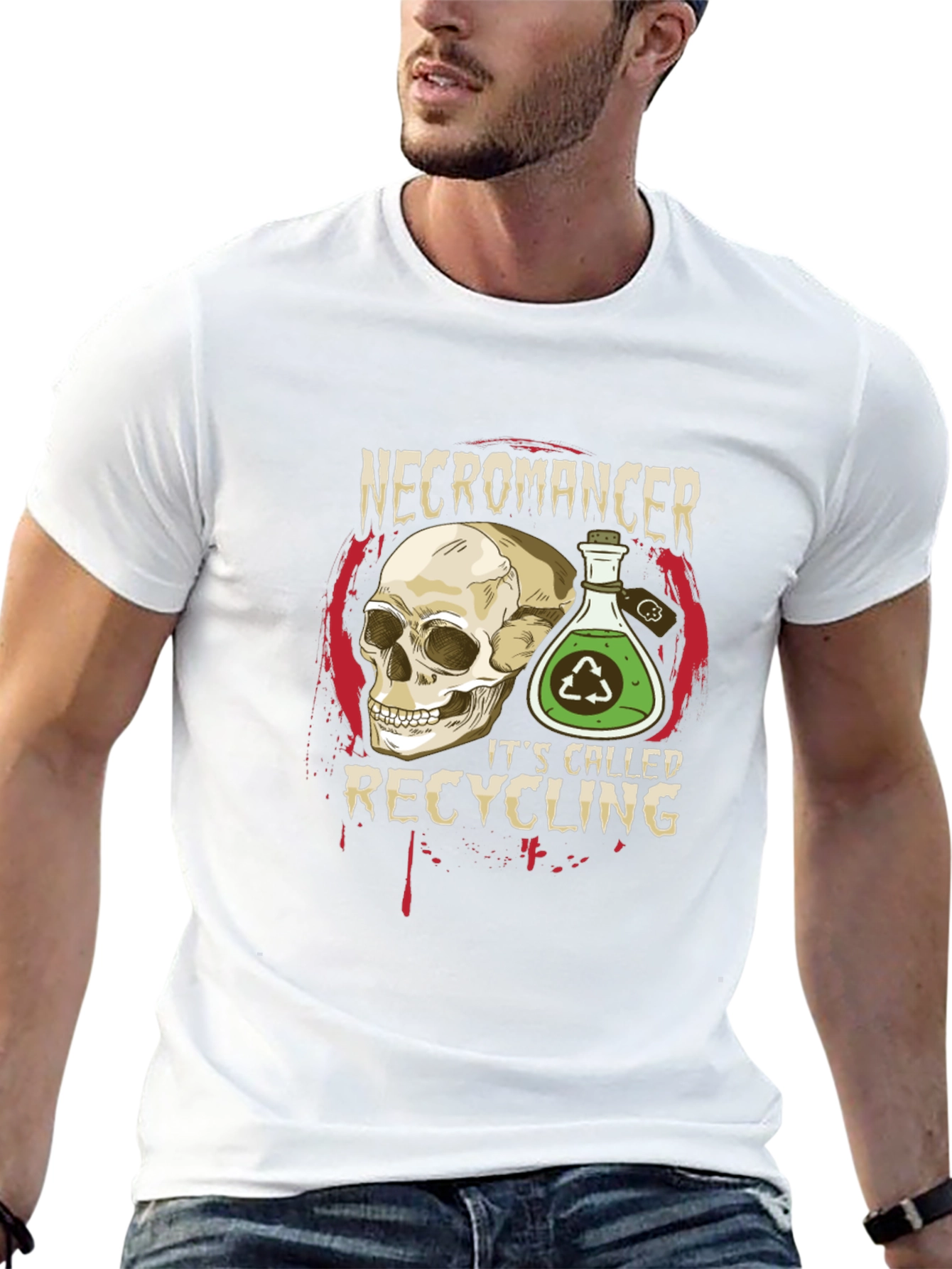 Necromancer Recycling T-Shirt - Skull & Potion Design