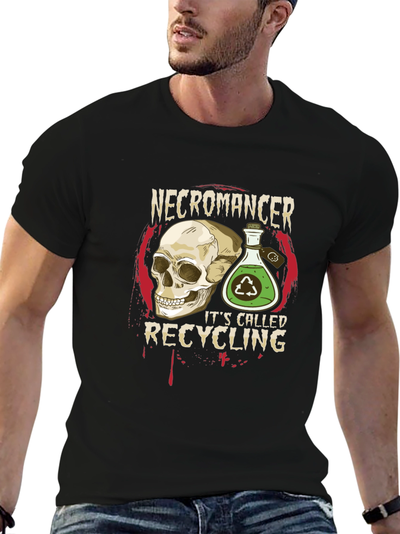Necromancer Recycling T-Shirt - Skull & Potion Design