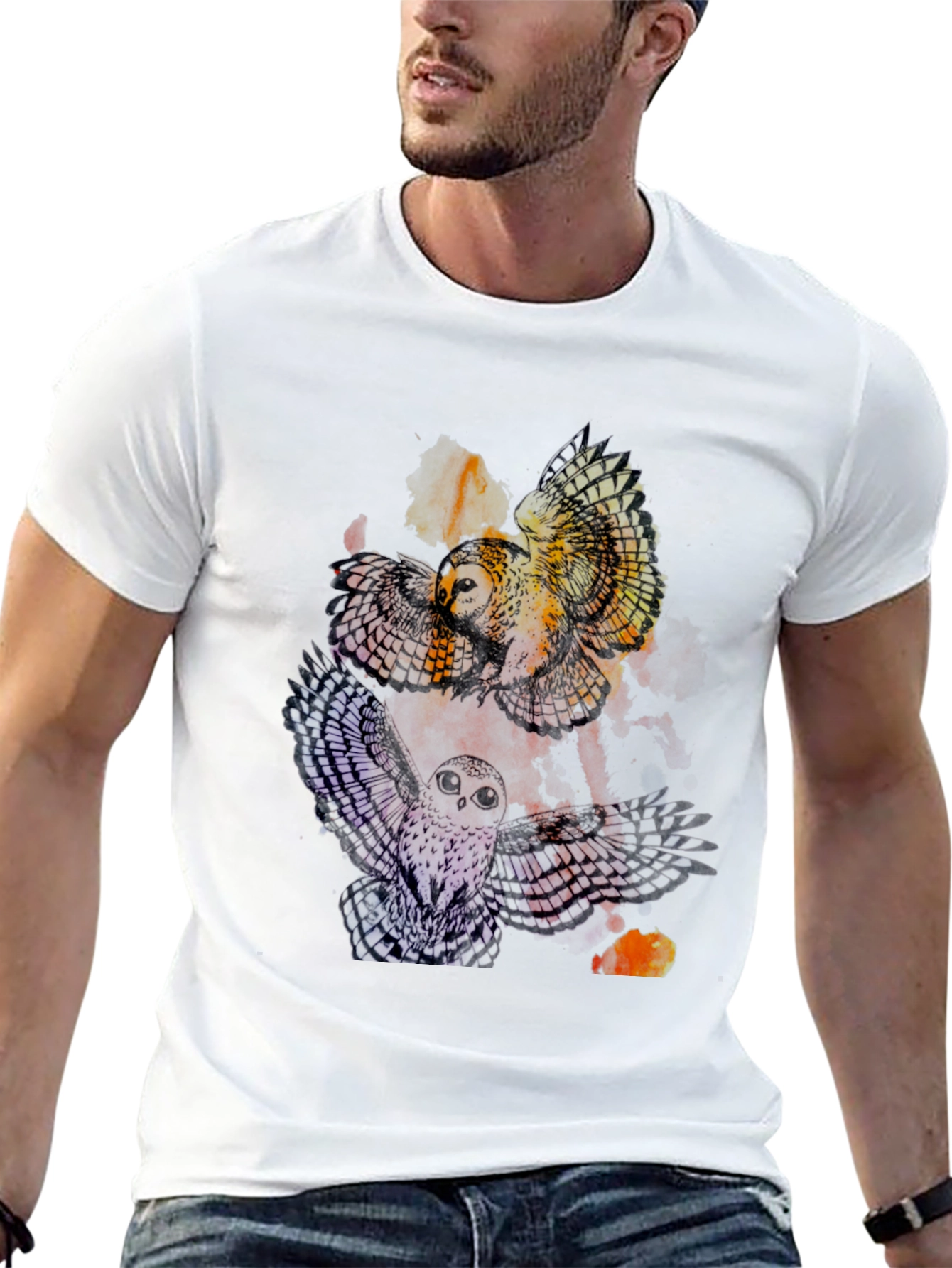 Mens Owl Graphic Print Crew Neck Tee - Black