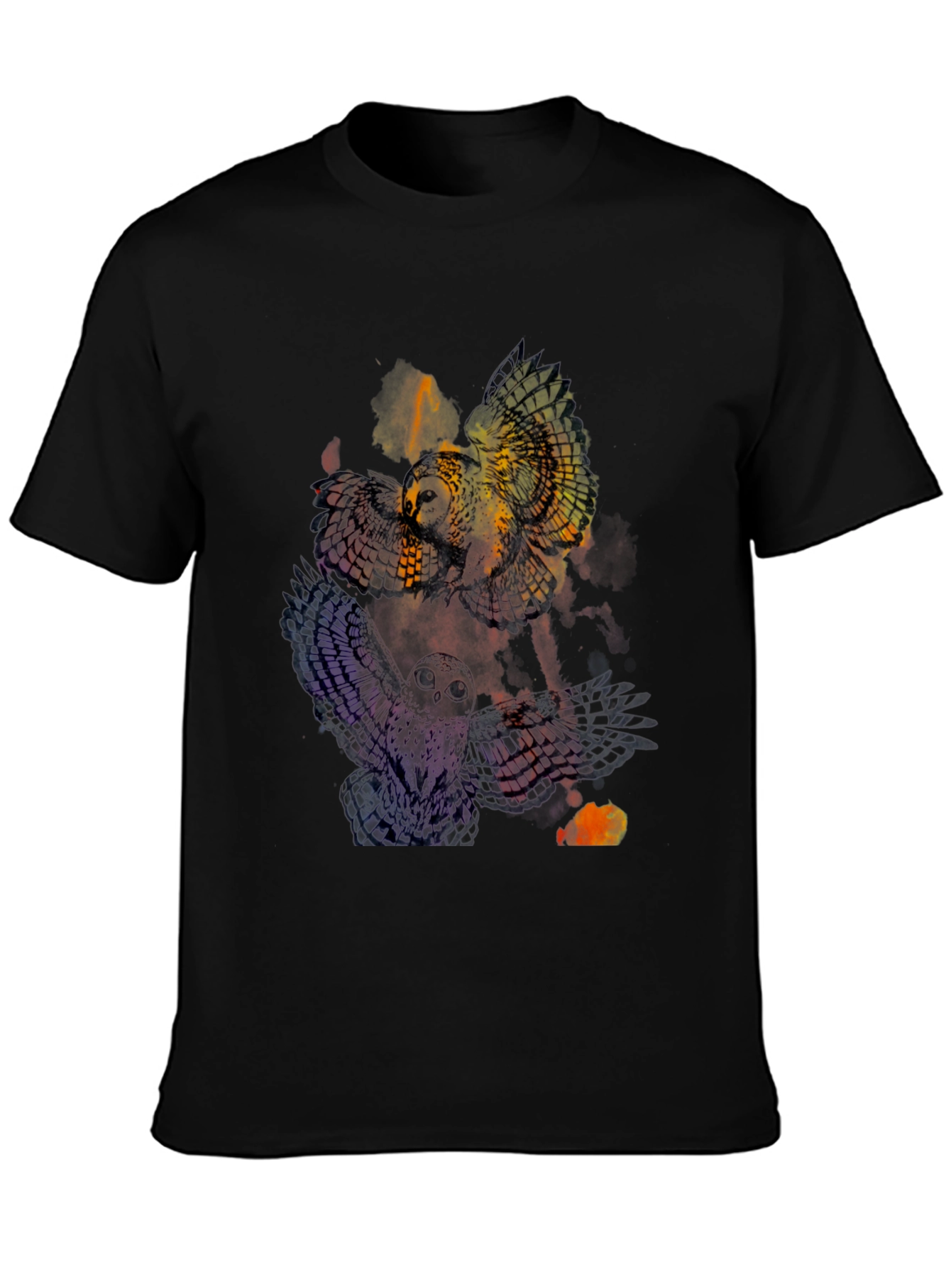 Mens Owl Graphic Print Crew Neck Tee - Black