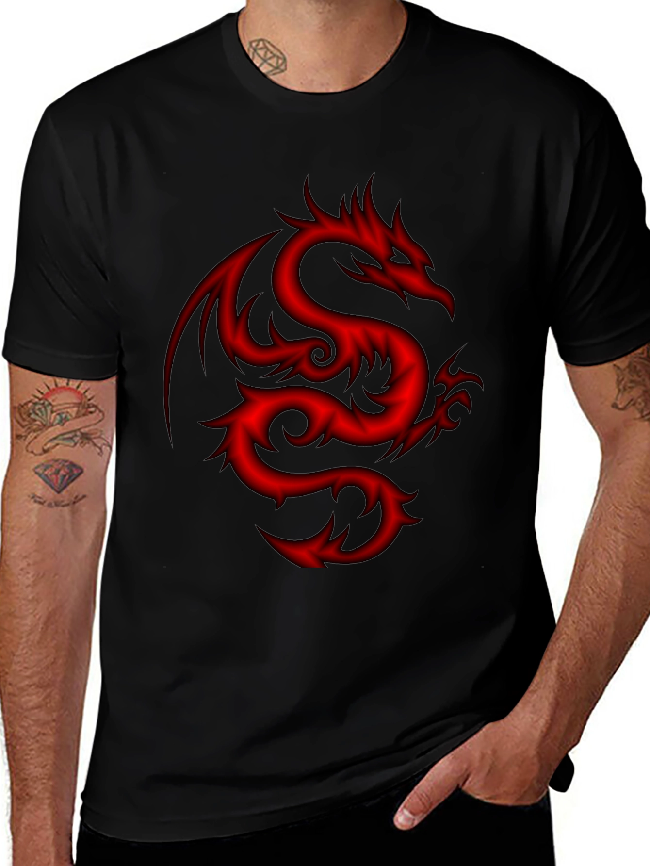 Mens Black T-Shirt with Red Dragon Design