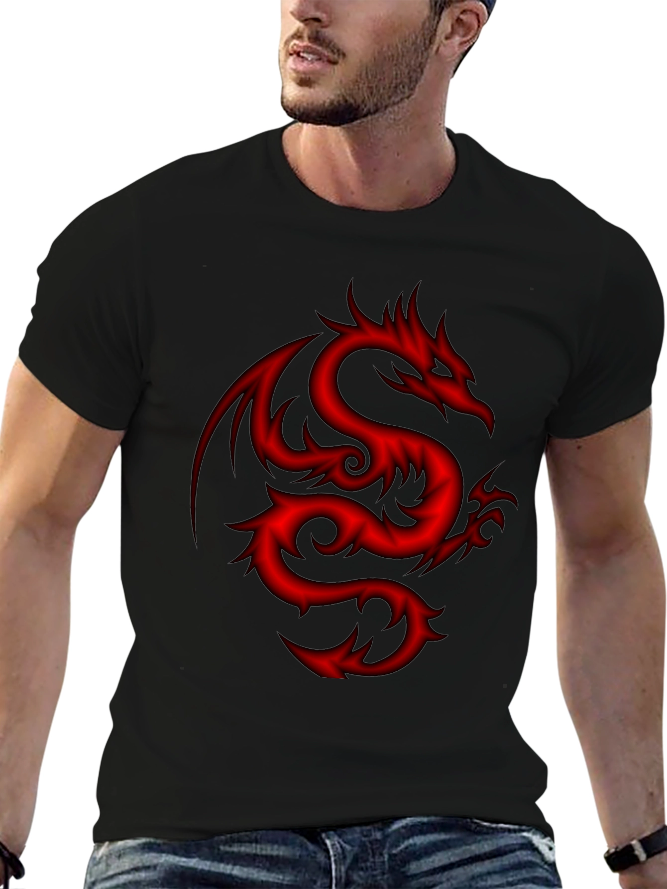 Mens Black T-Shirt with Red Dragon Design