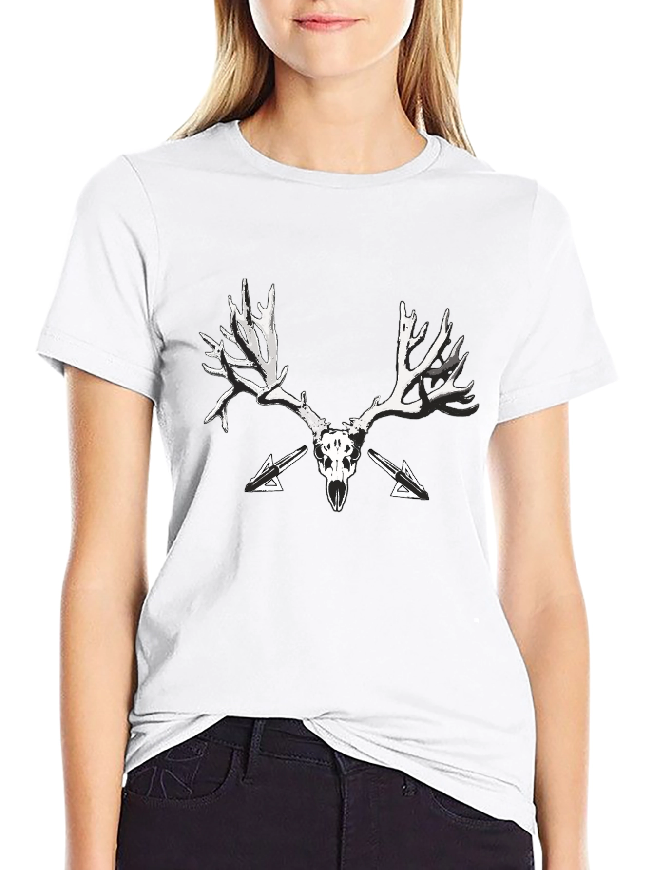 Black T-Shirt with Skull and Antler Graphic Print