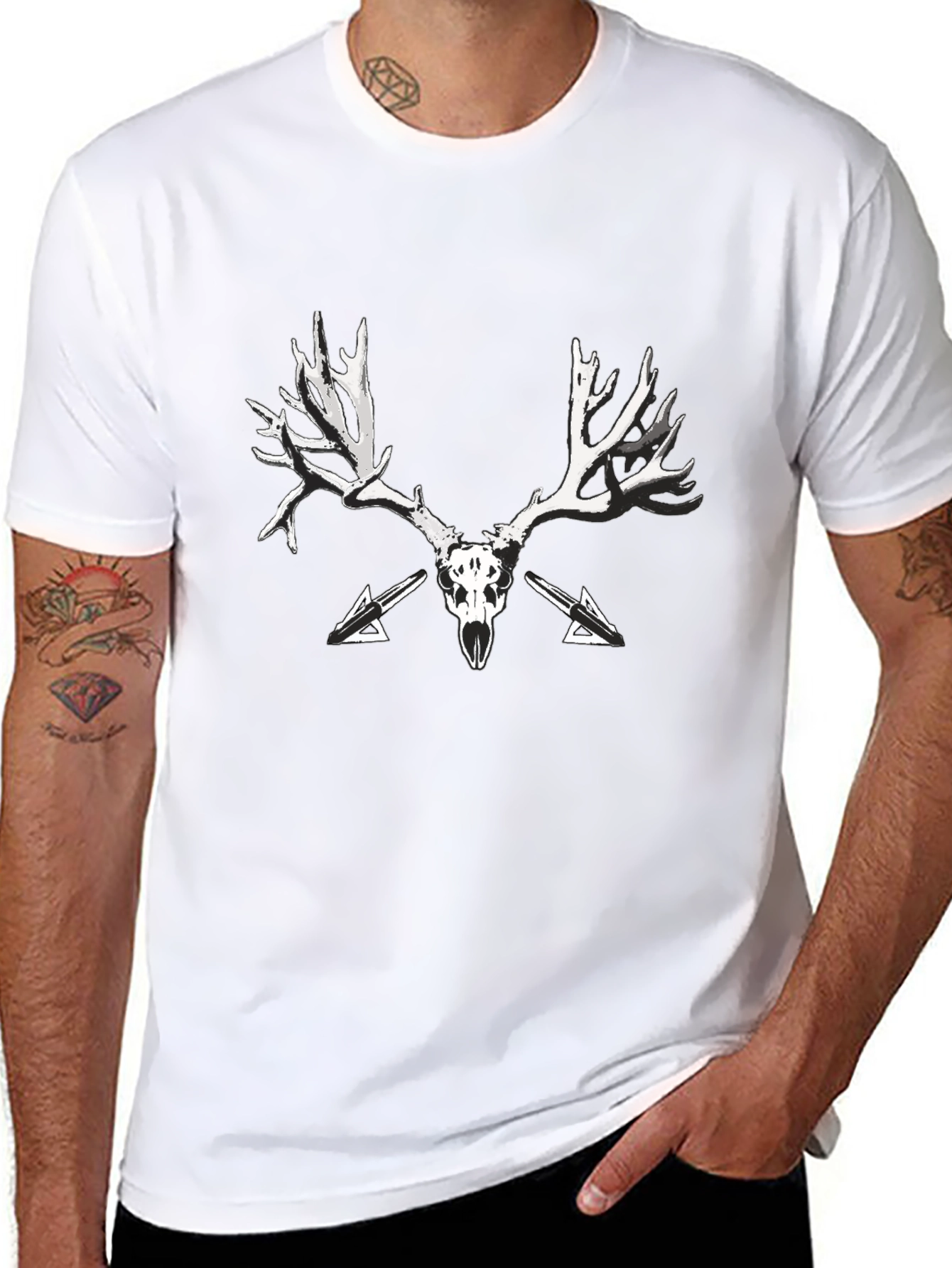 Black T-Shirt with Skull and Antler Graphic Print