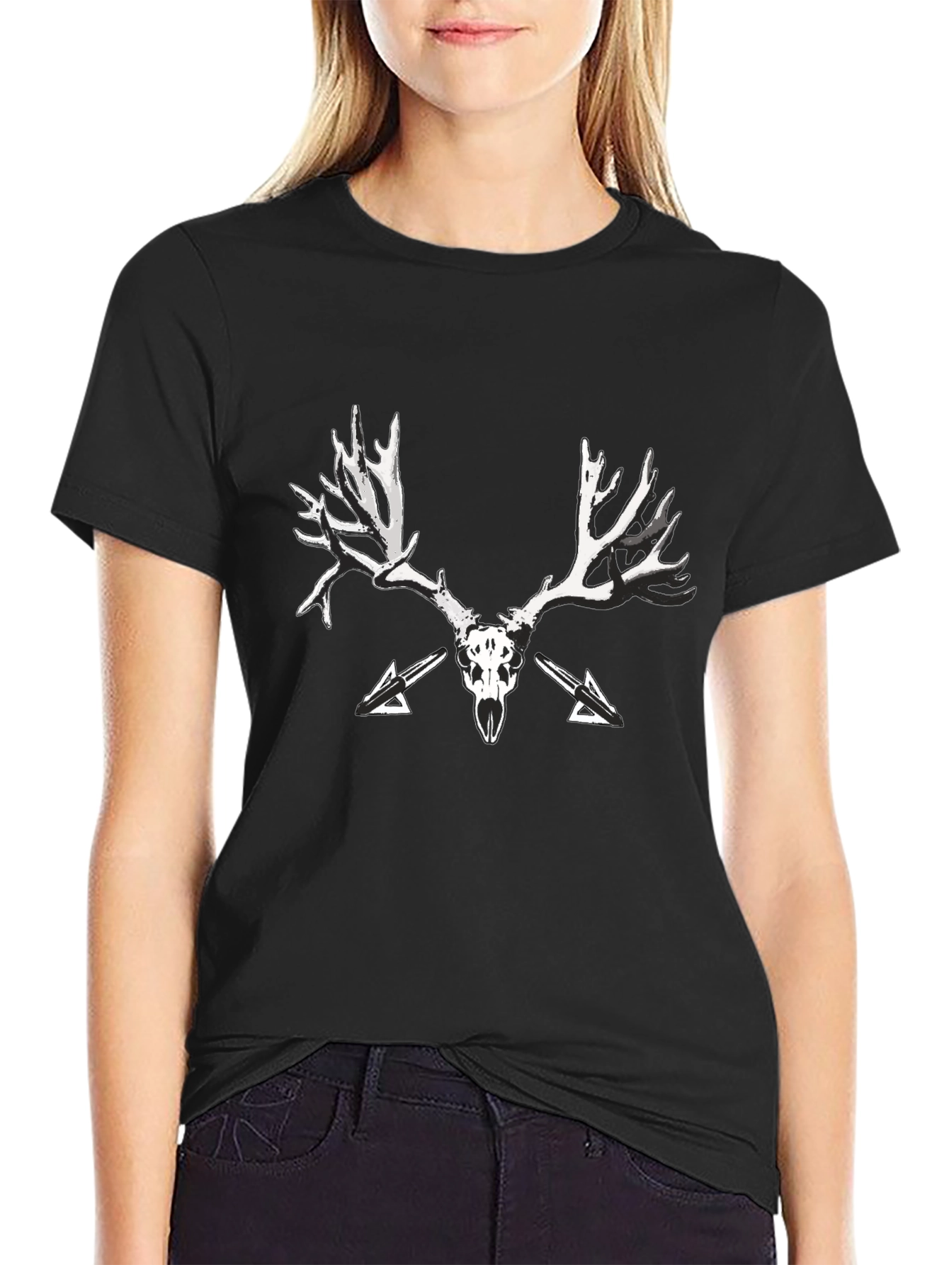 Black T-Shirt with Skull and Antler Graphic Print