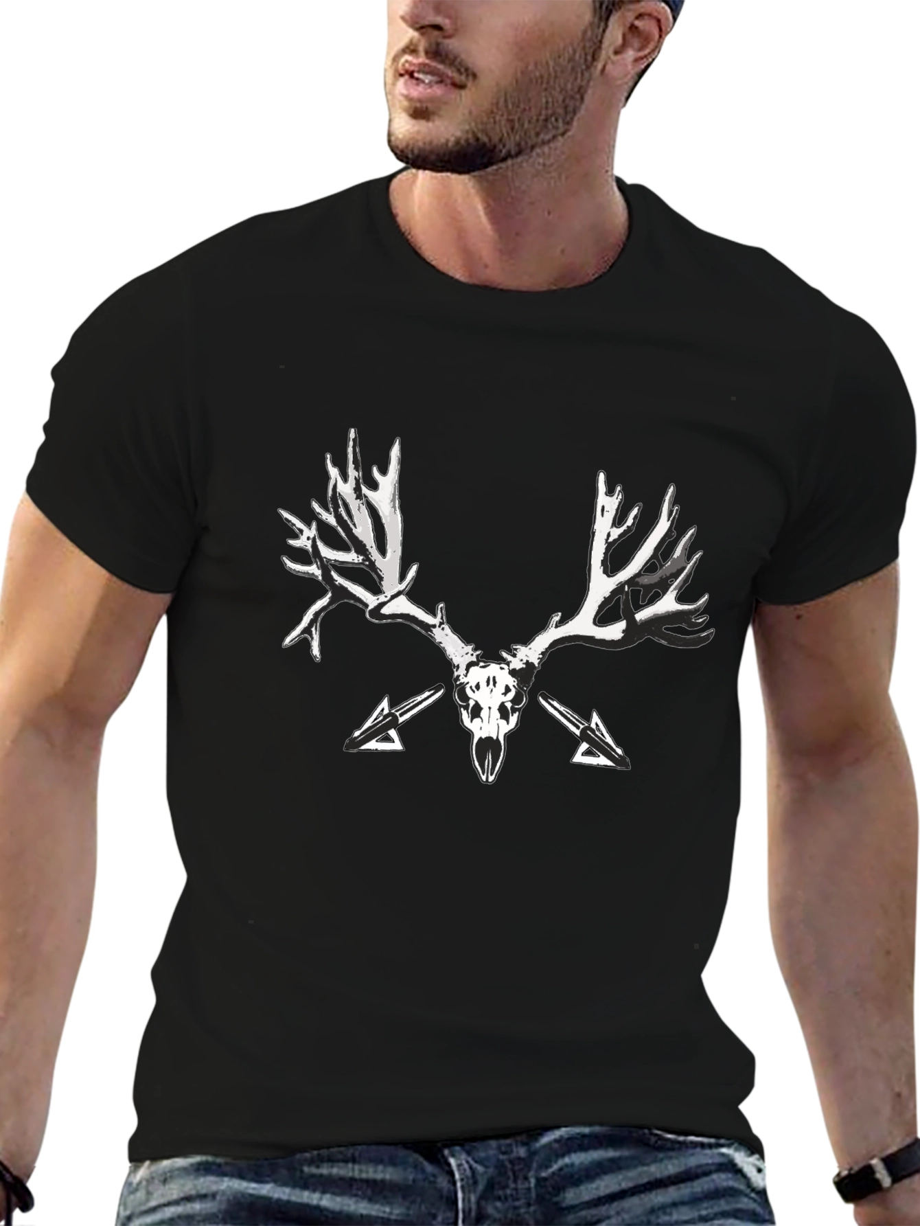 Black T-Shirt with Skull and Antler Graphic Print