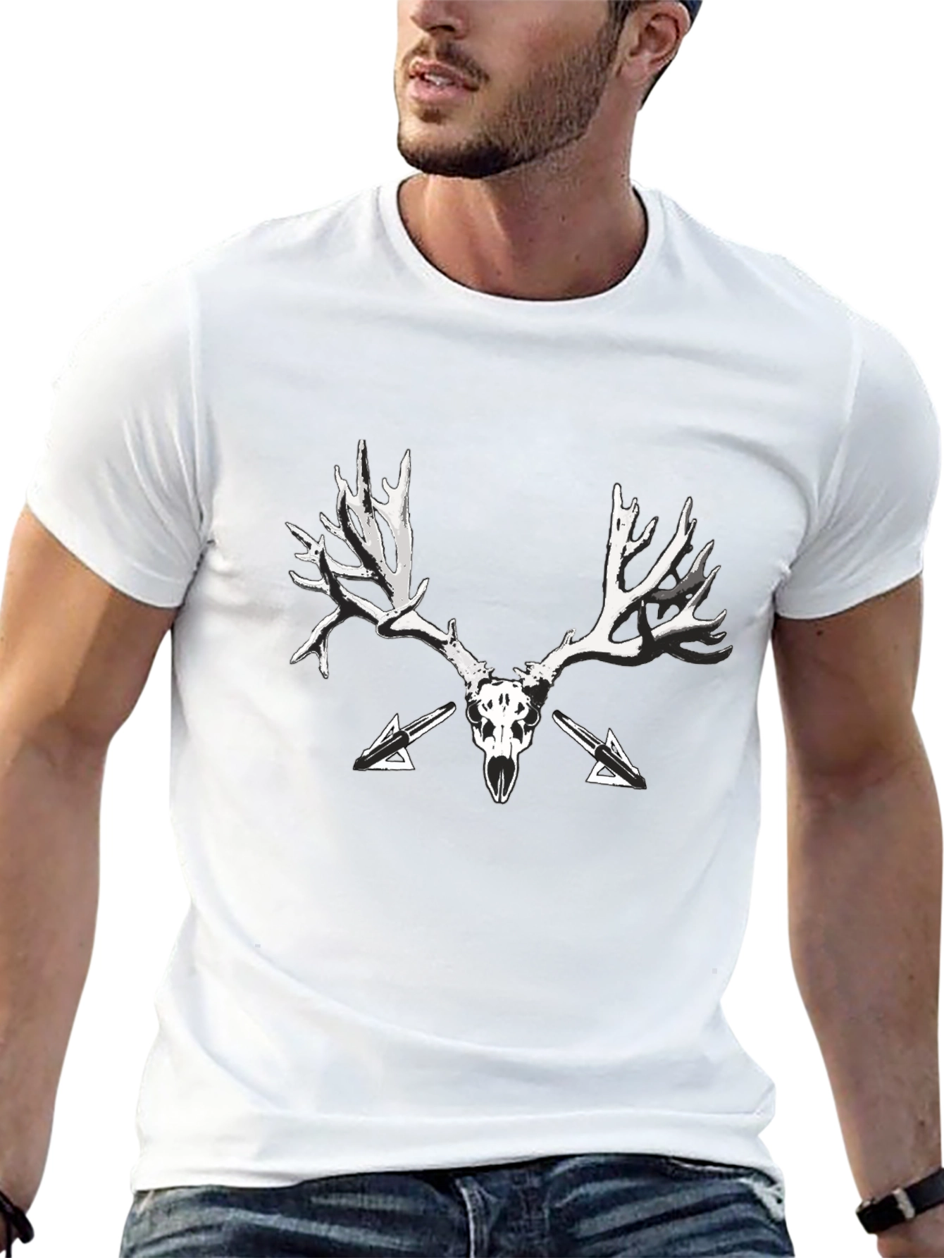 Black T-Shirt with Skull and Antler Graphic Print