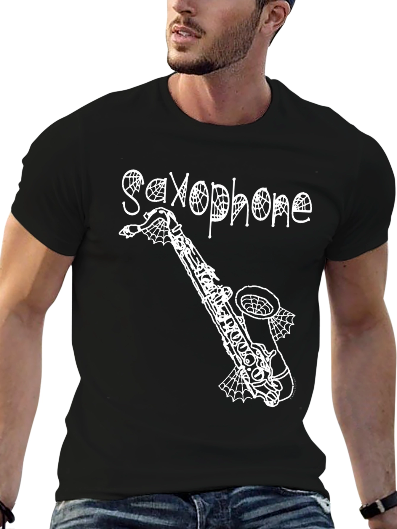 Saxophone Spiderweb Graphic Black T-Shirt