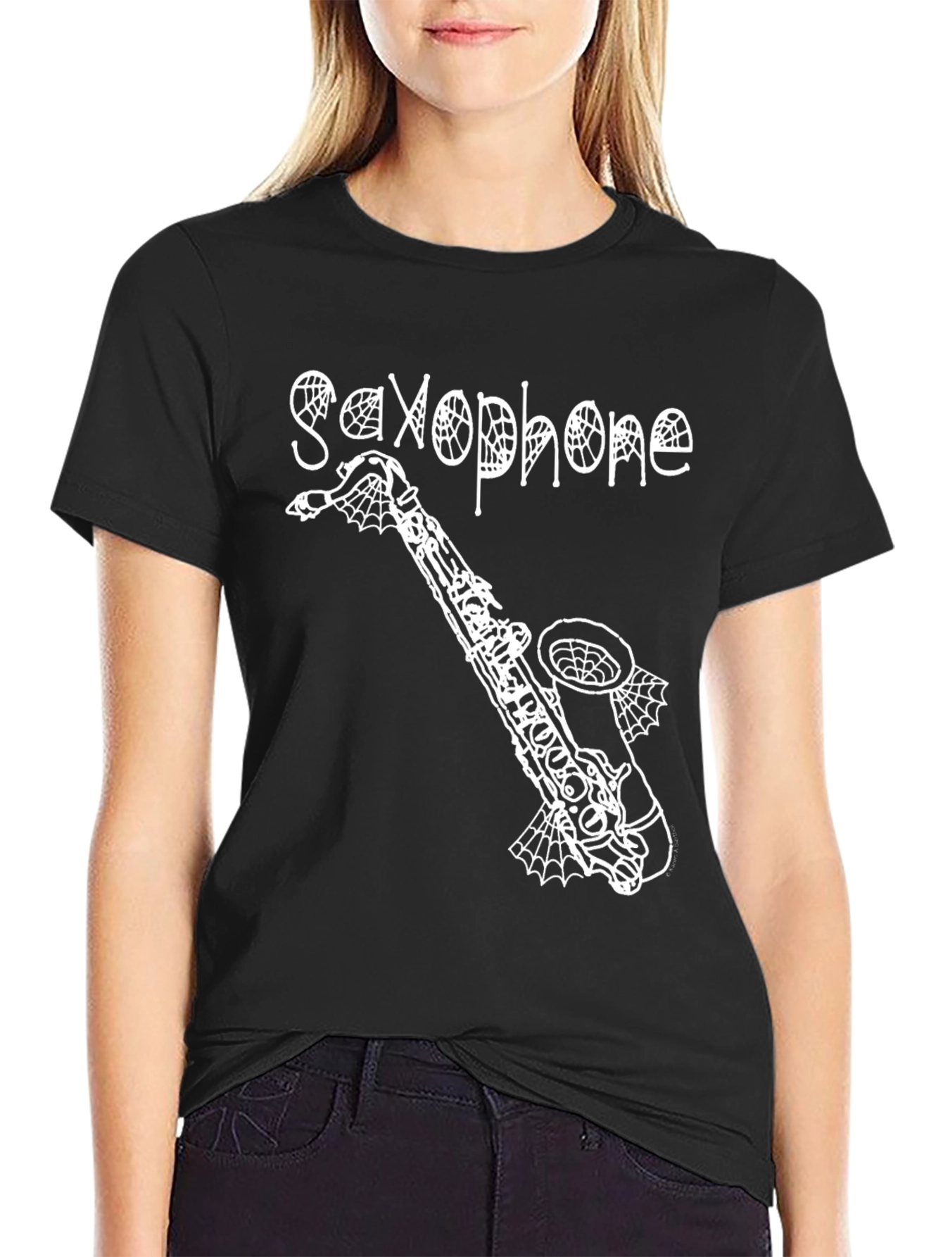 Saxophone Spiderweb Graphic Black T-Shirt