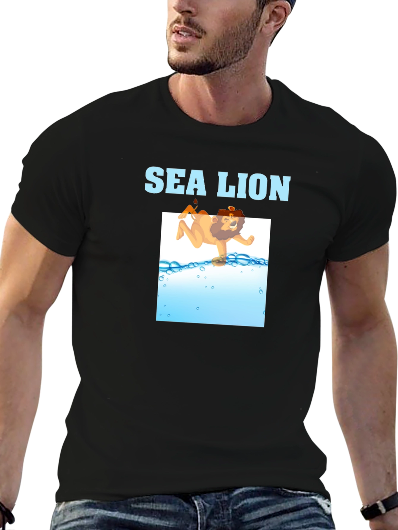 Sea Lion Cartoon Graphic T-Shirt - Black