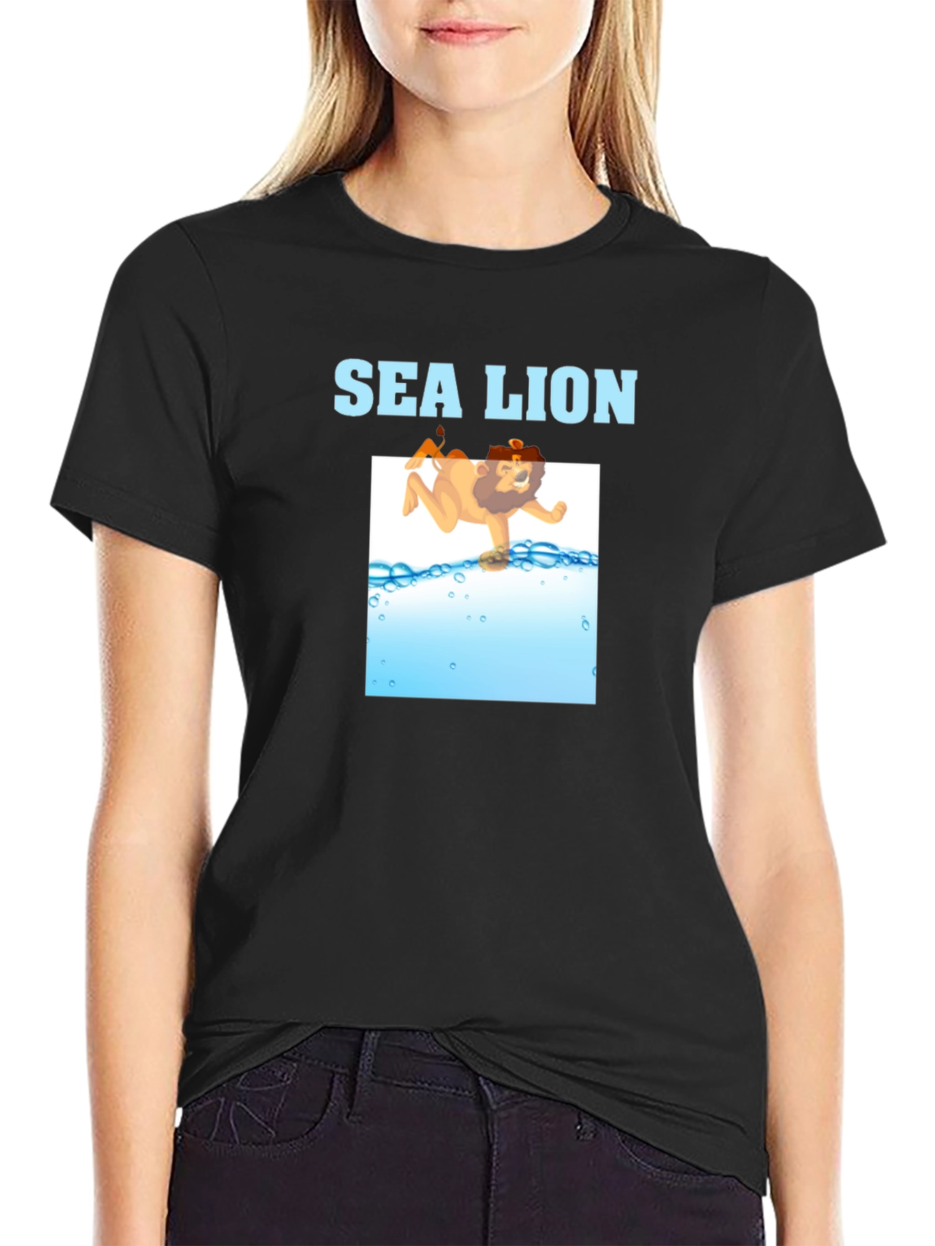 Sea Lion Cartoon Graphic T-Shirt - Black