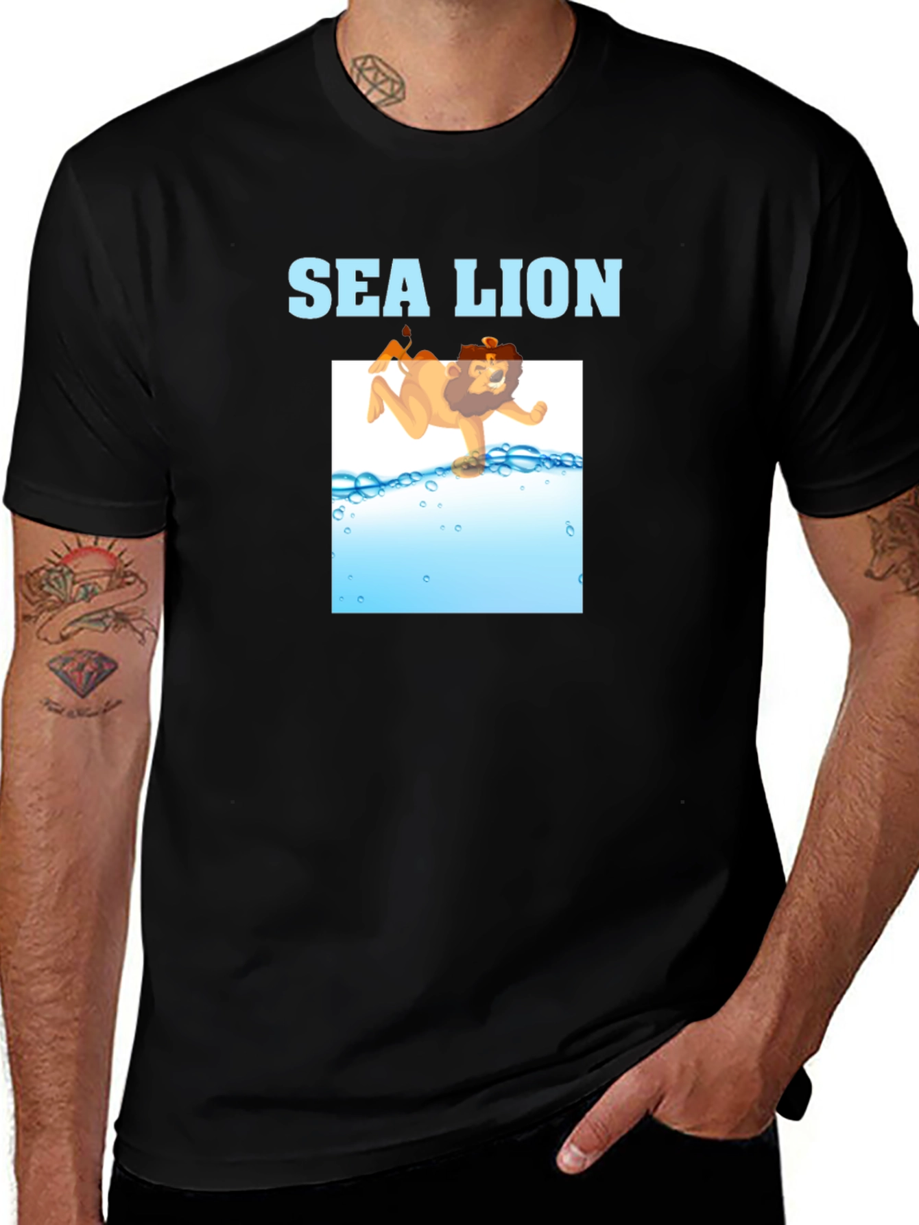 Sea Lion Cartoon Graphic T-Shirt - Black