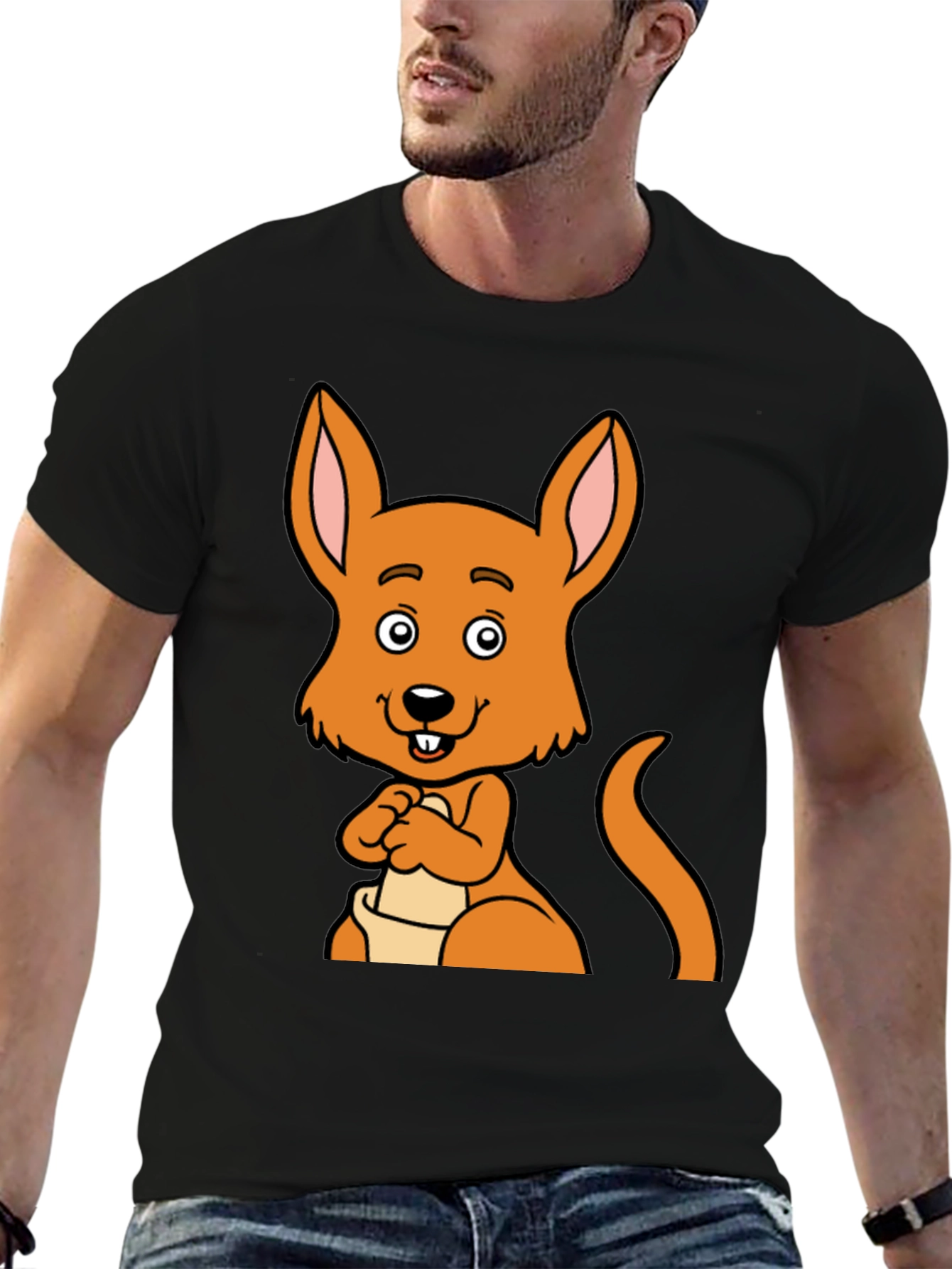 Cartoon Kangaroo Graphic Tee - Black Unisex T-Shirt