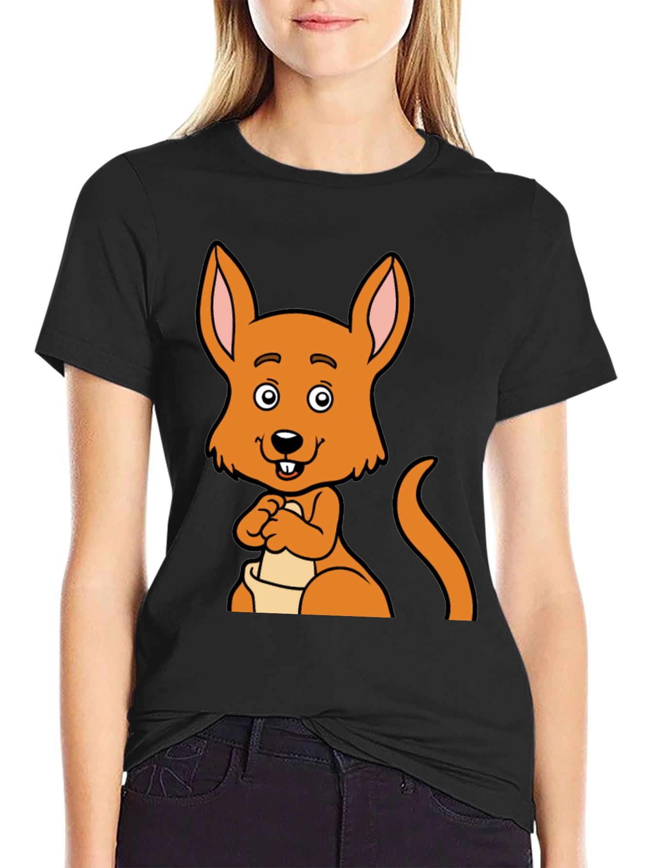 Cartoon Kangaroo Graphic Tee - Black Unisex T-Shirt