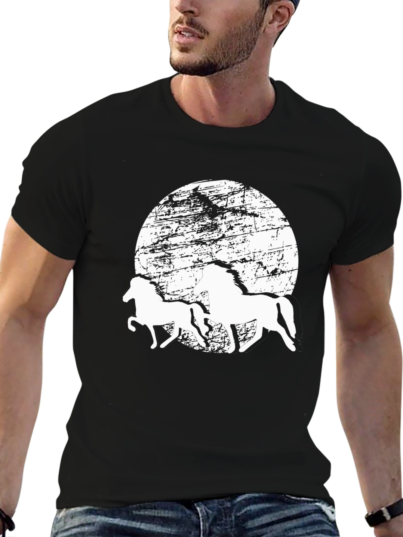 Horses Silhouette T-Shirt: Distressed Moon Graphic Tee