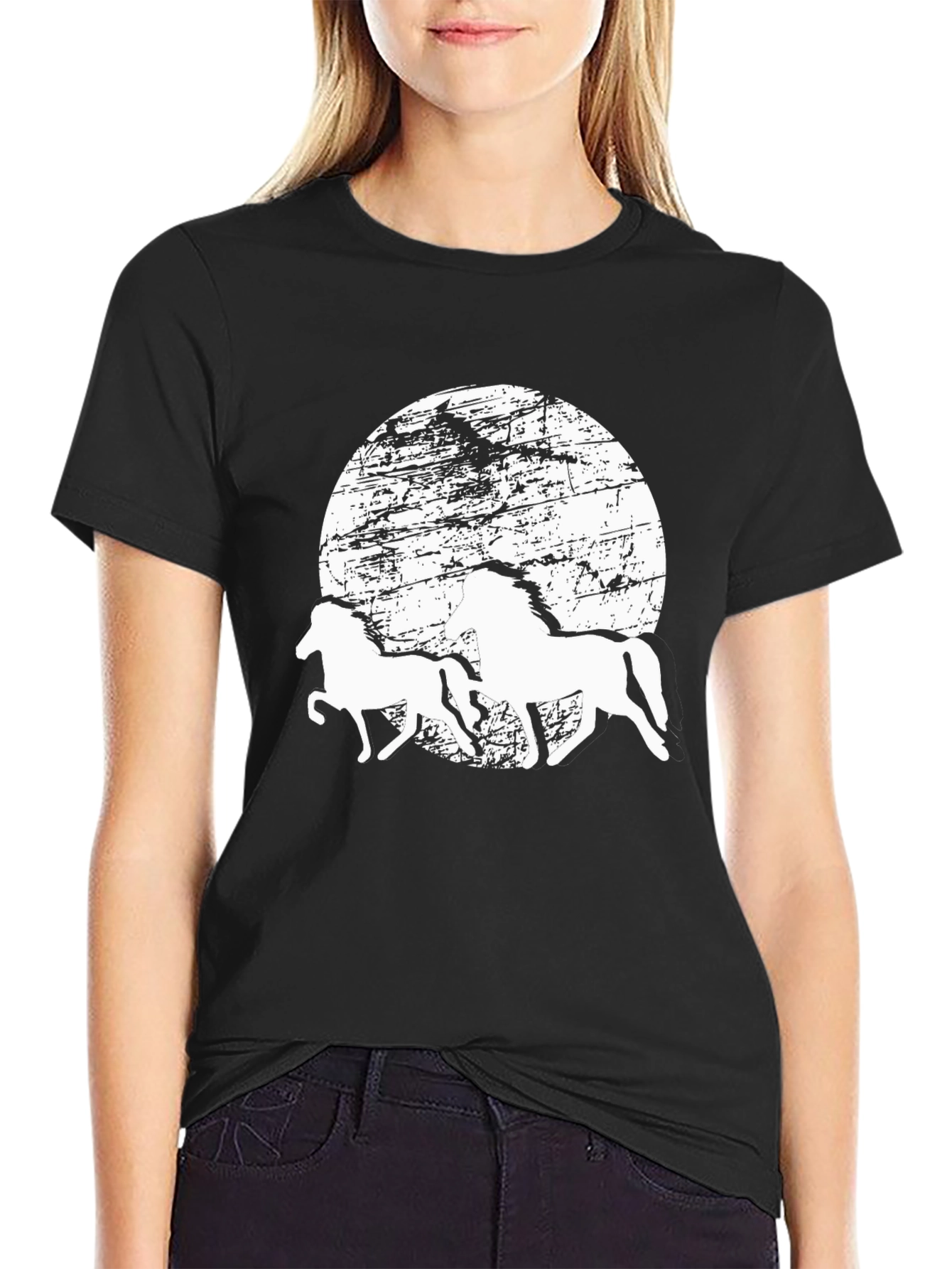 Horses Silhouette T-Shirt: Distressed Moon Graphic Tee