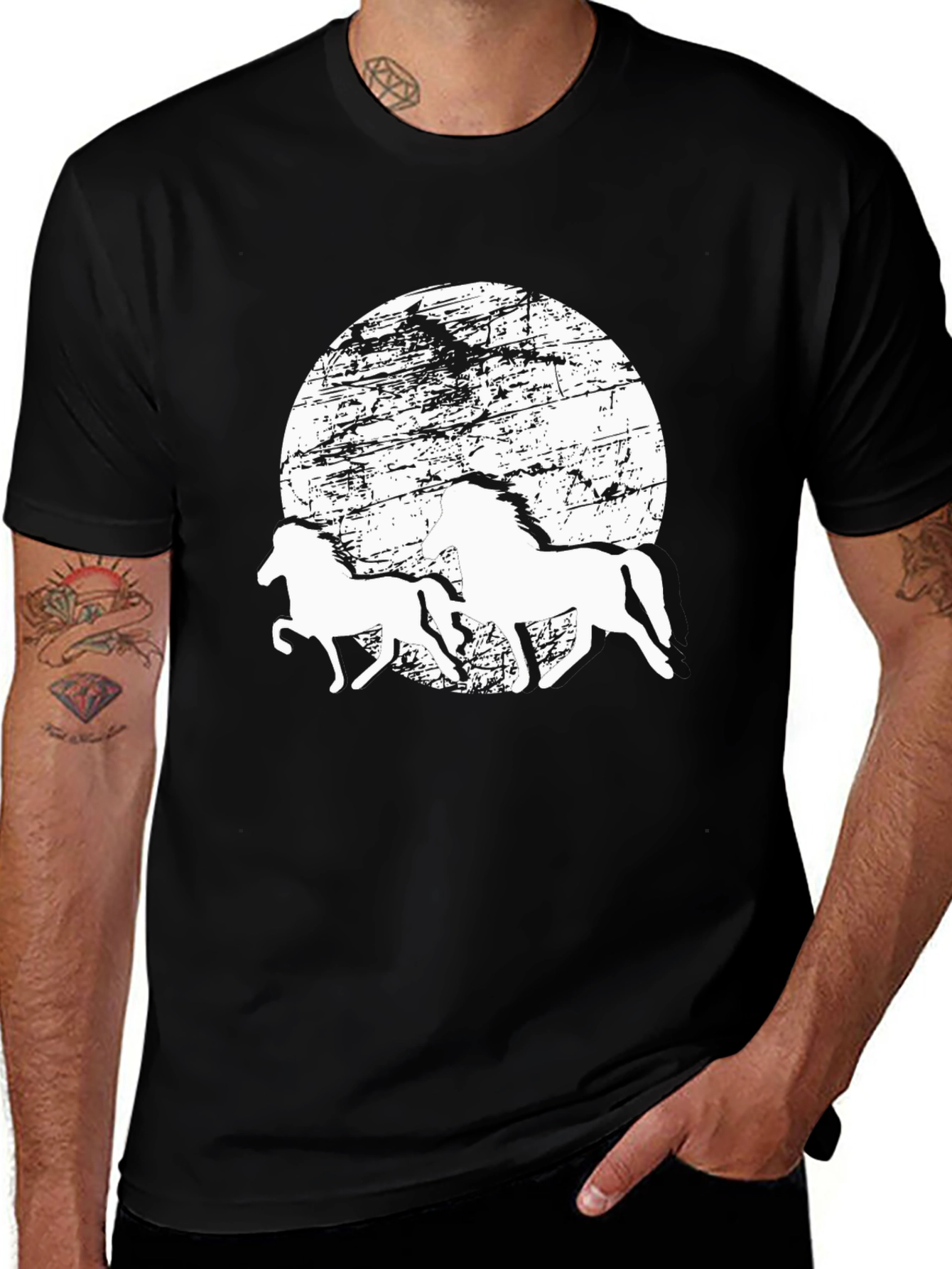 Horses Silhouette T-Shirt: Distressed Moon Graphic Tee