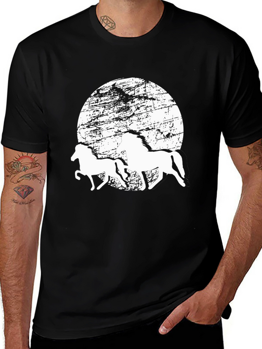 Horses Silhouette T-Shirt: Distressed Moon Graphic Tee