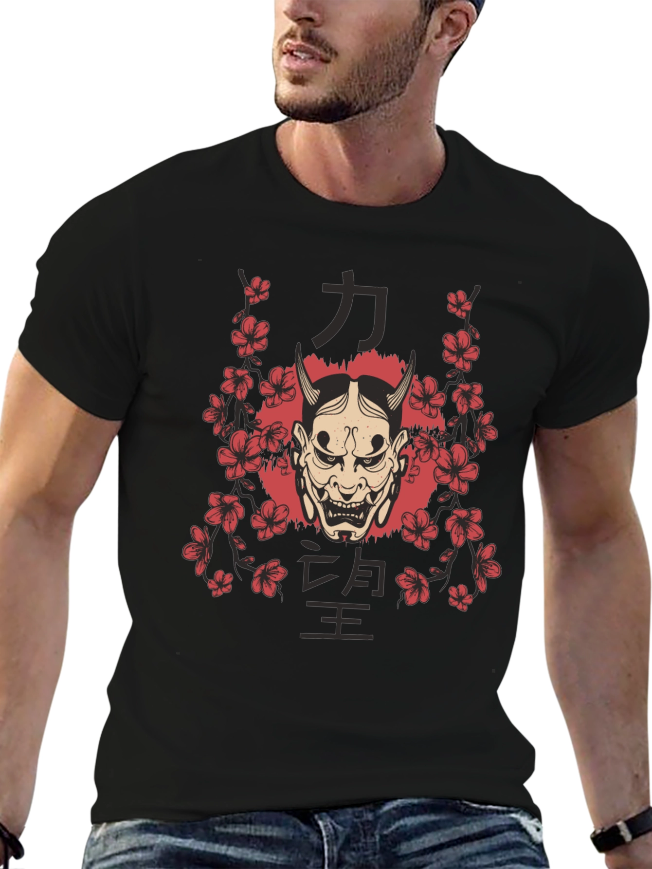 Mens Oni Mask Floral Graphic Black T-Shirt