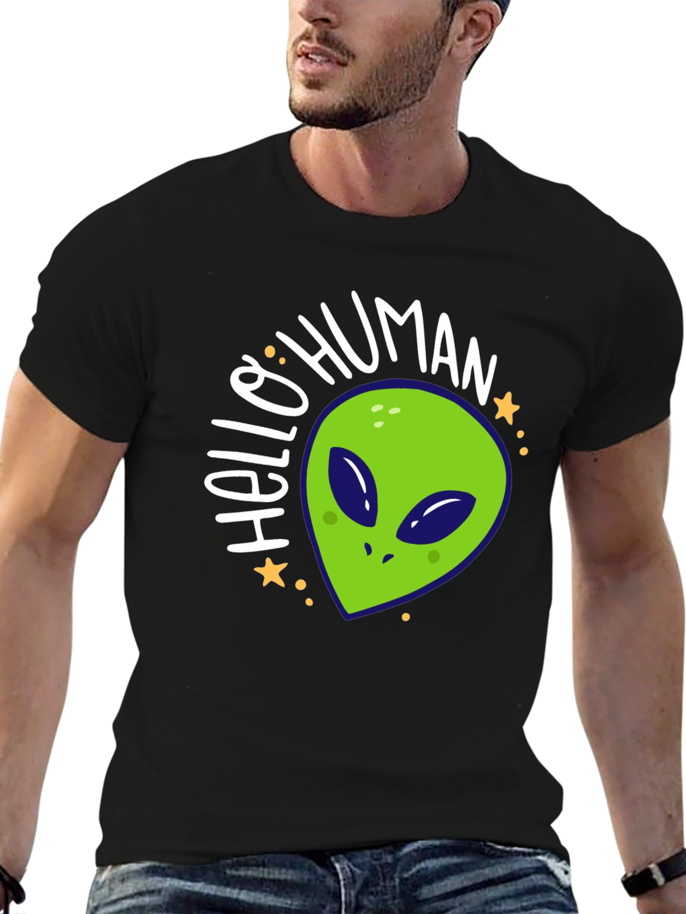 Hello Human Alien Graphic Tee - Black Casual T-Shirt