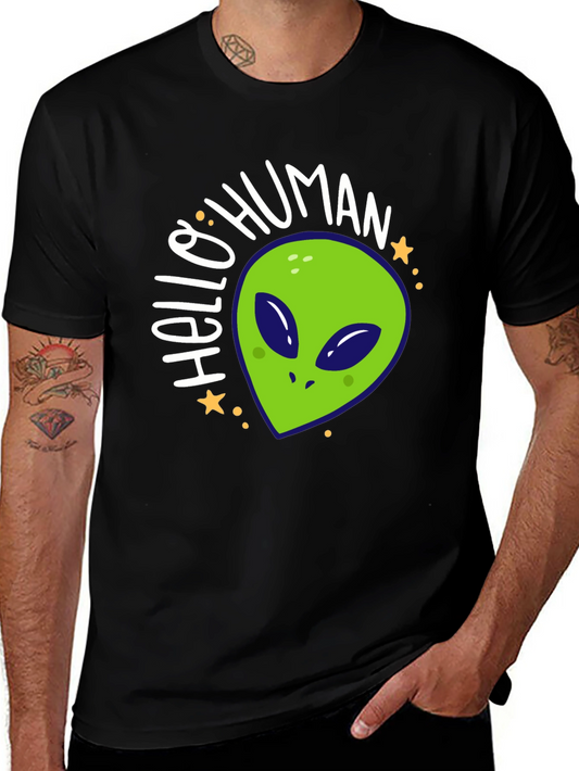 Hello Human Alien Graphic Tee - Black Casual T-Shirt