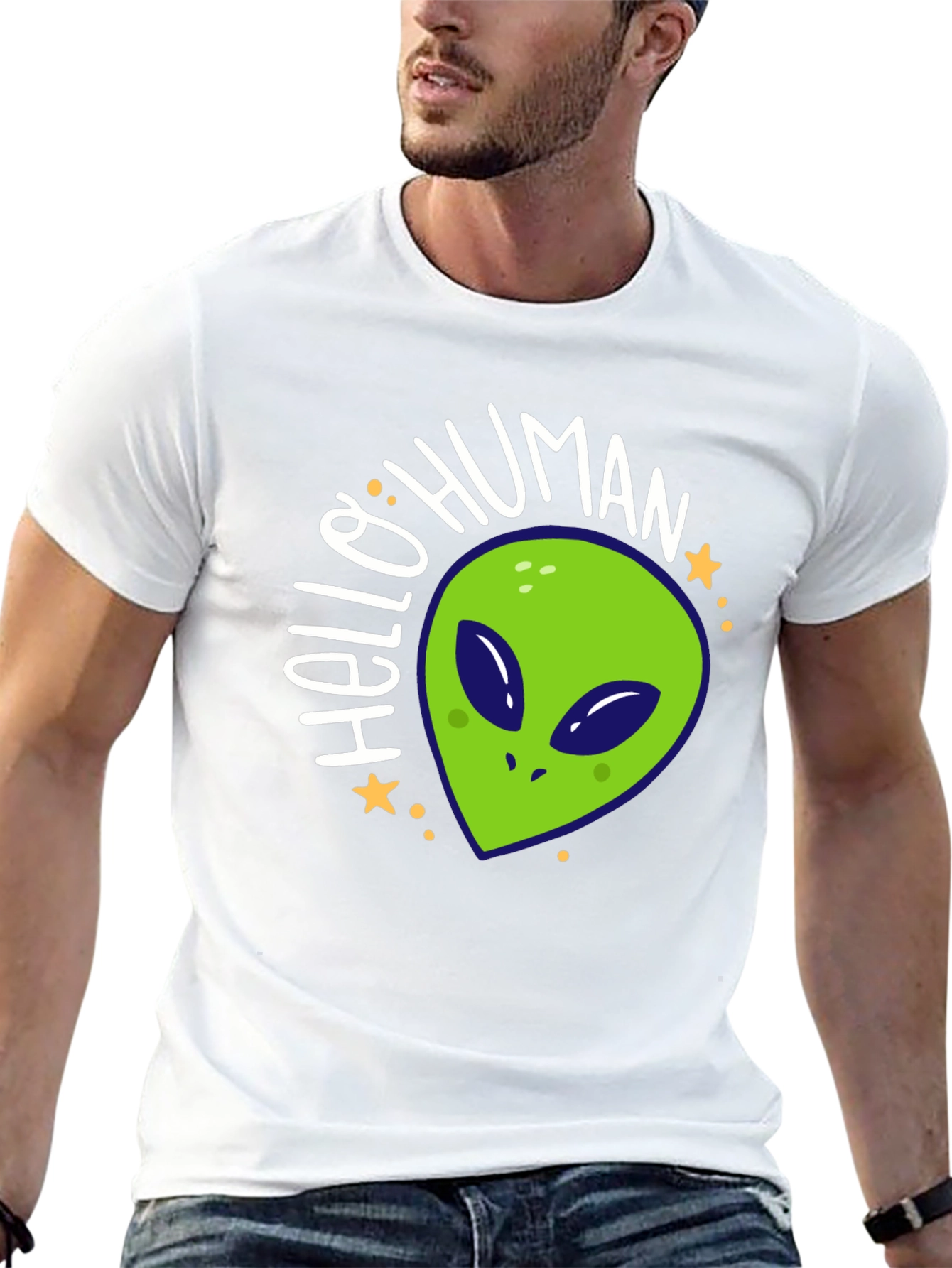 Hello Human Alien Graphic Tee - Black Casual T-Shirt