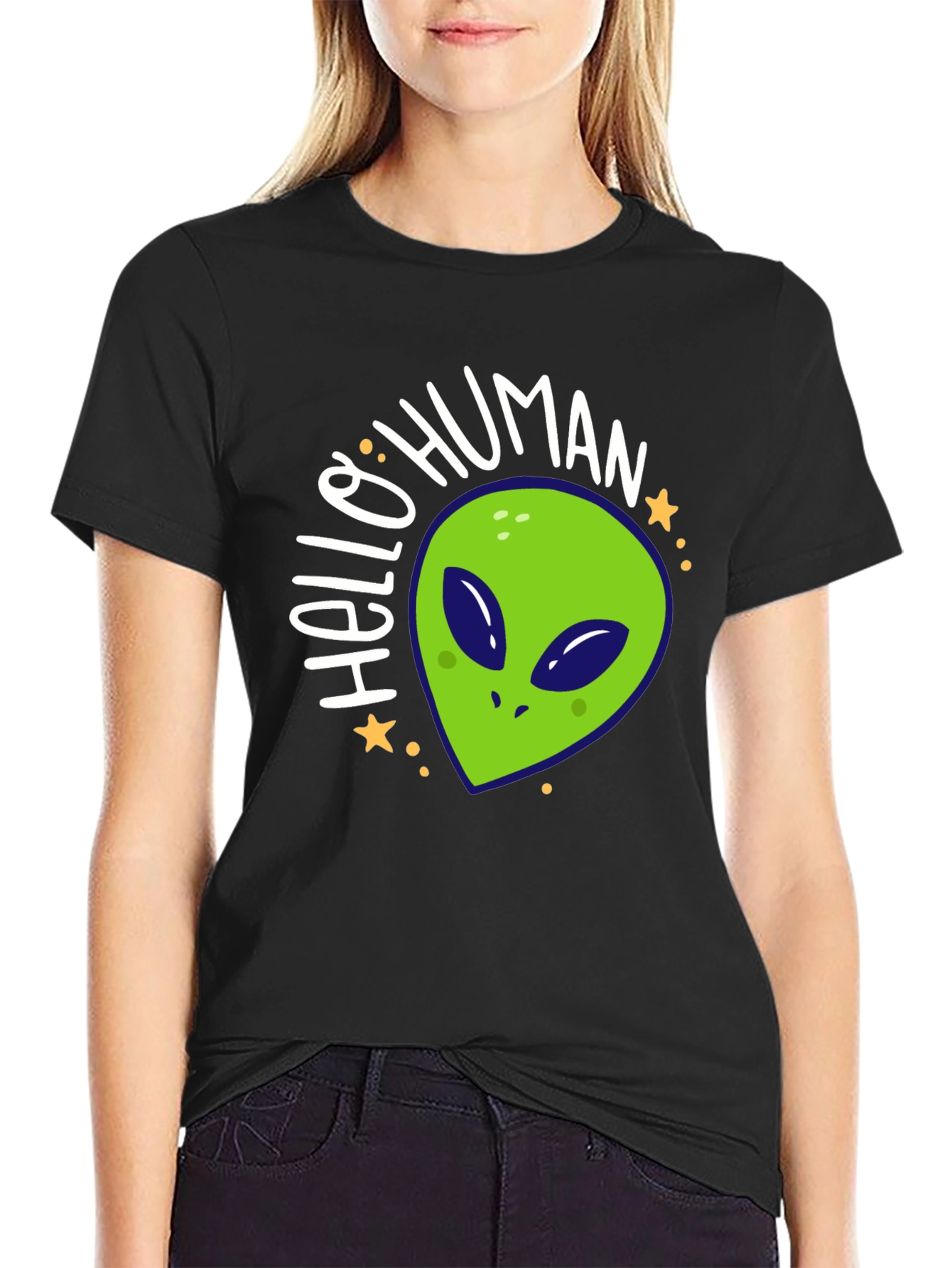 Hello Human Alien Graphic Tee - Black Casual T-Shirt