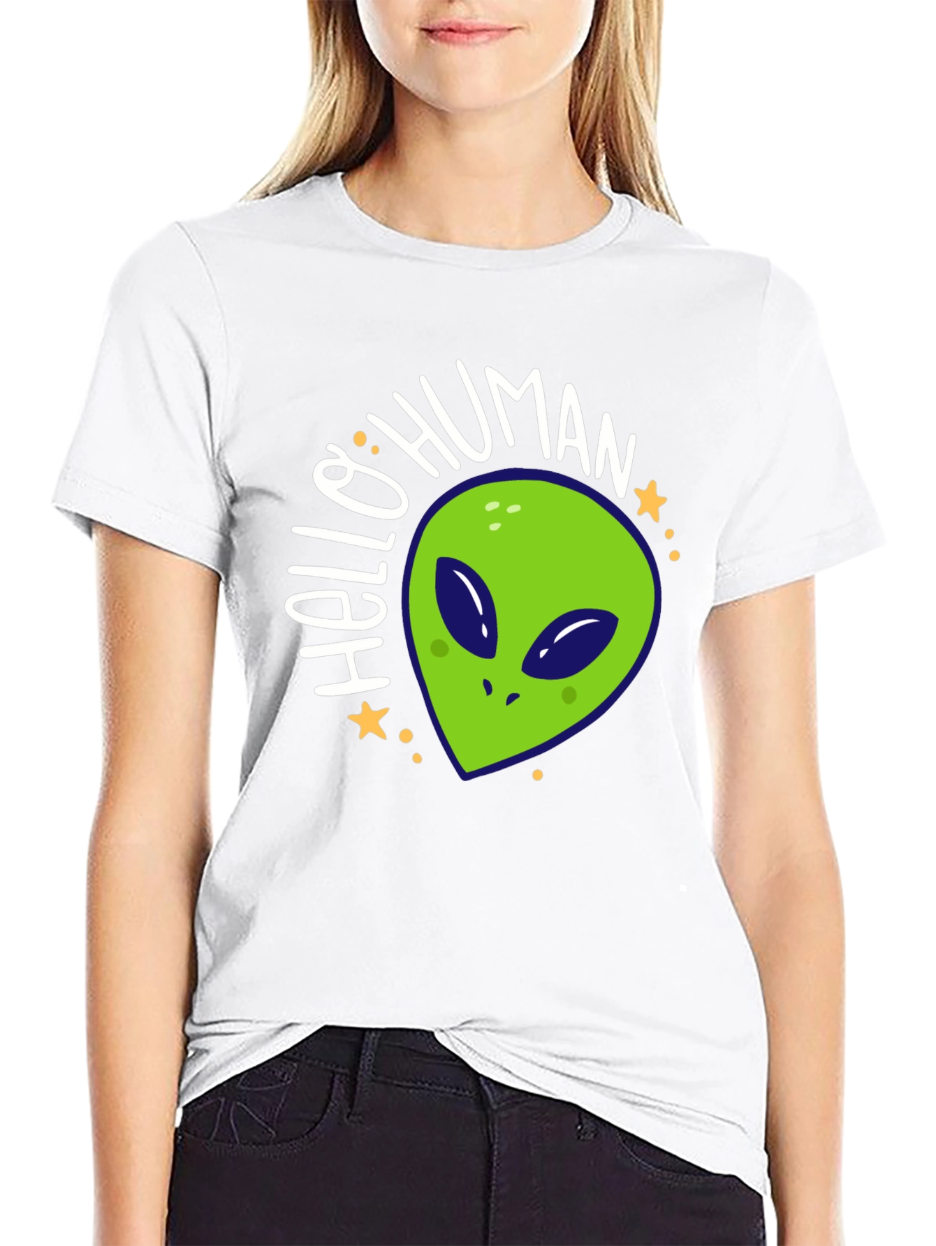 Hello Human Alien Graphic Tee - Black Casual T-Shirt