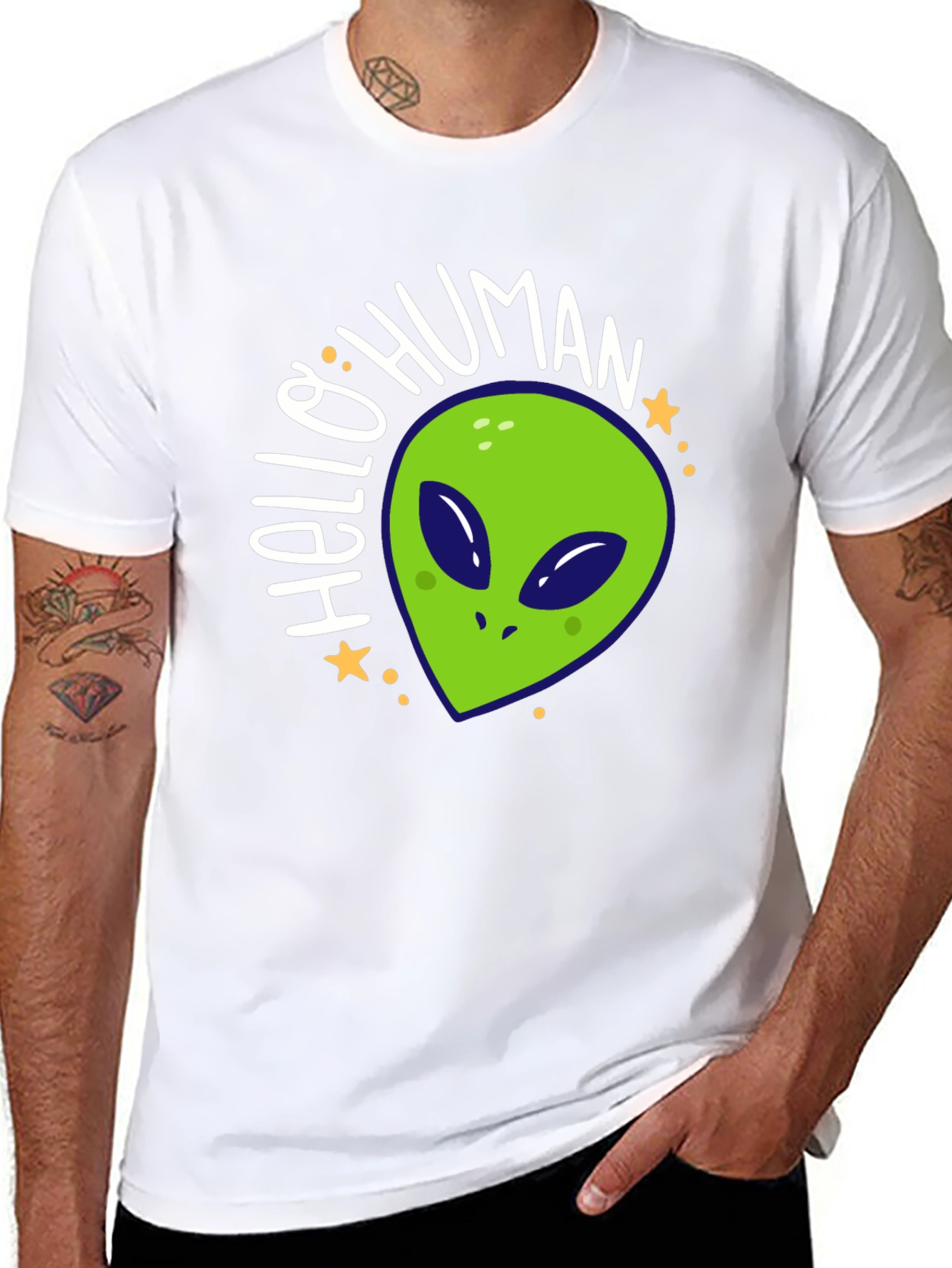 Hello Human Alien Graphic Tee - Black Casual T-Shirt