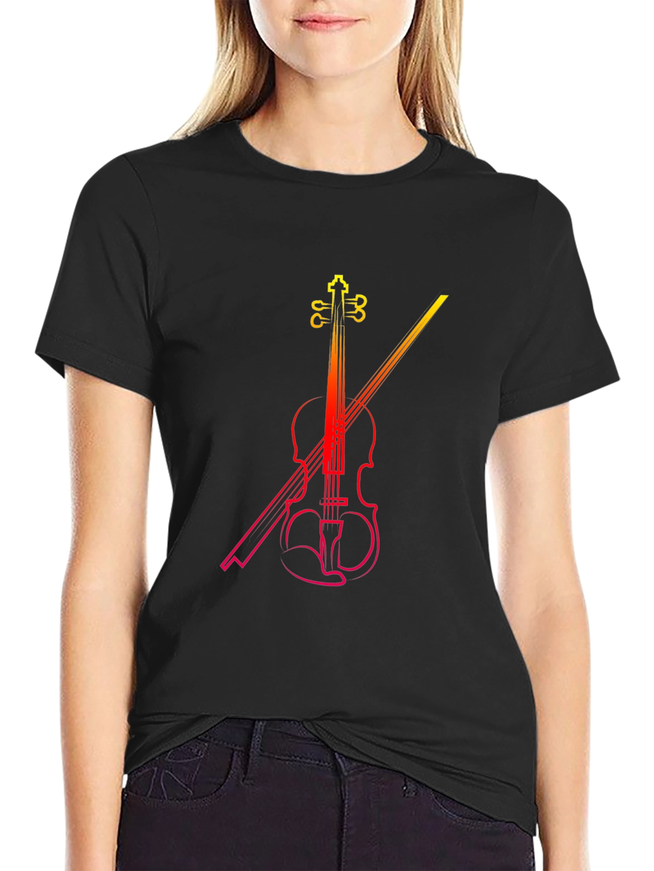 Violin Graphic Print Black T-Shirt