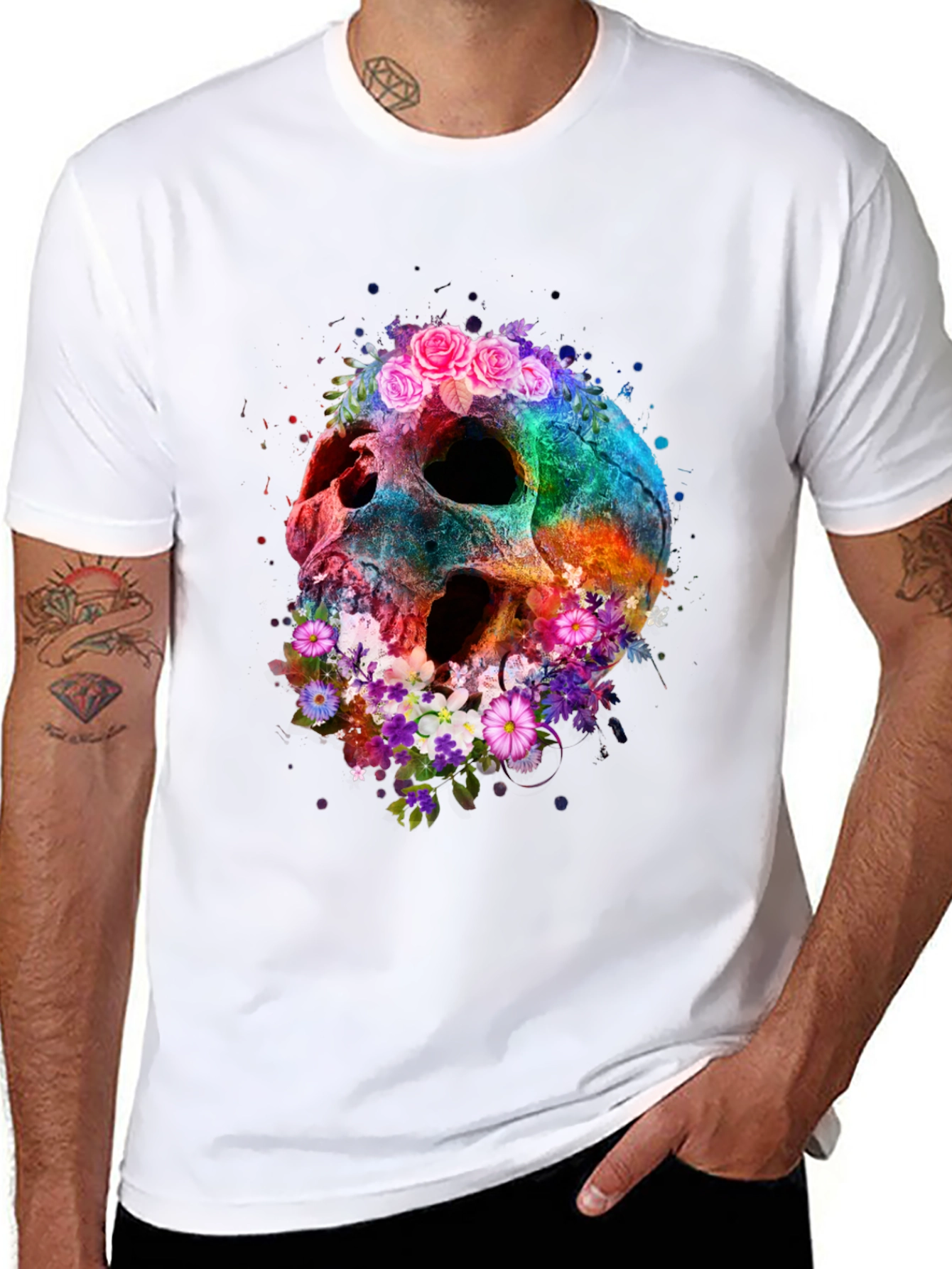 Floral Skull Graphic Tee - Black Cotton Blend