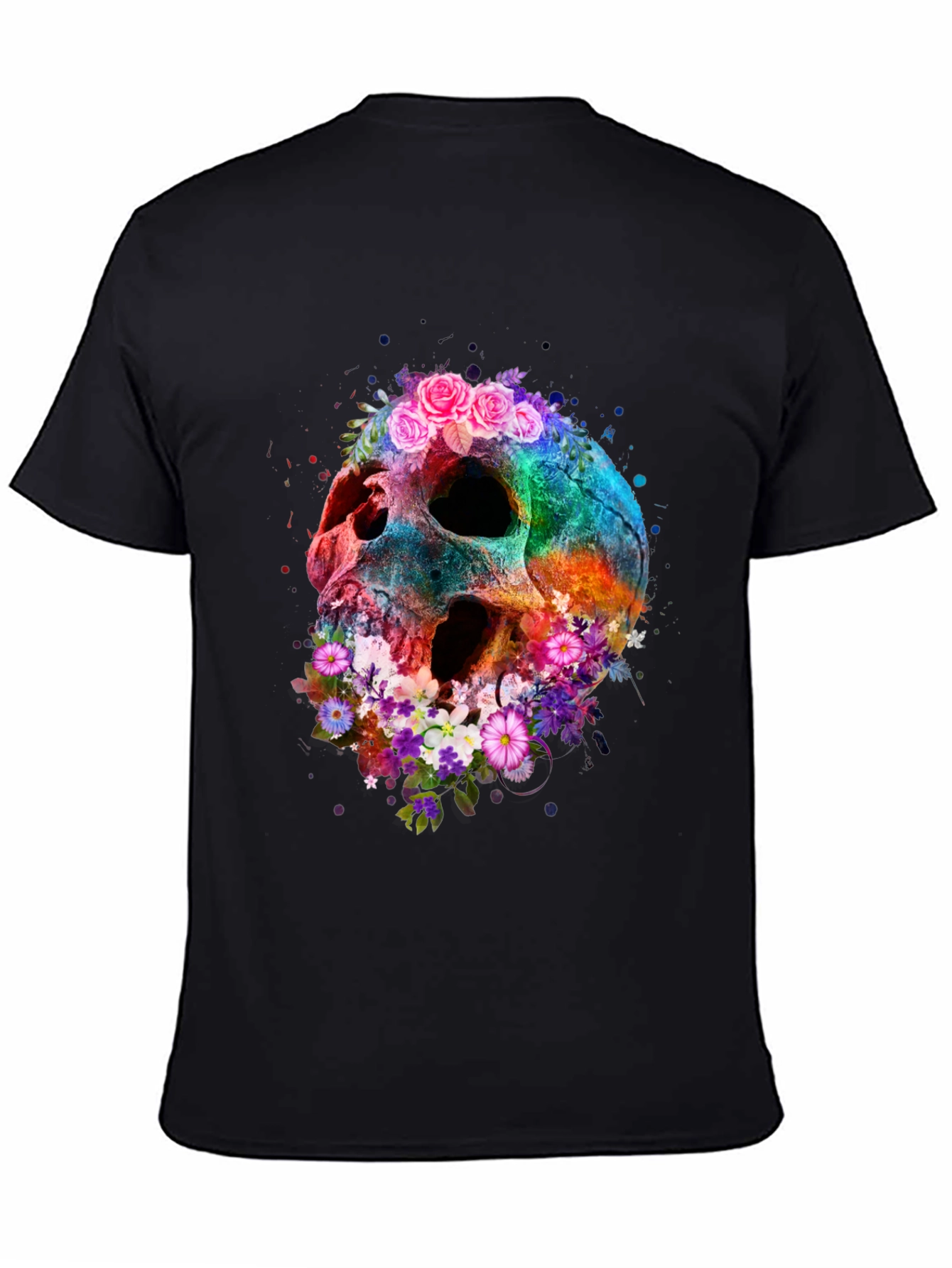 Floral Skull Graphic Tee - Black Cotton Blend