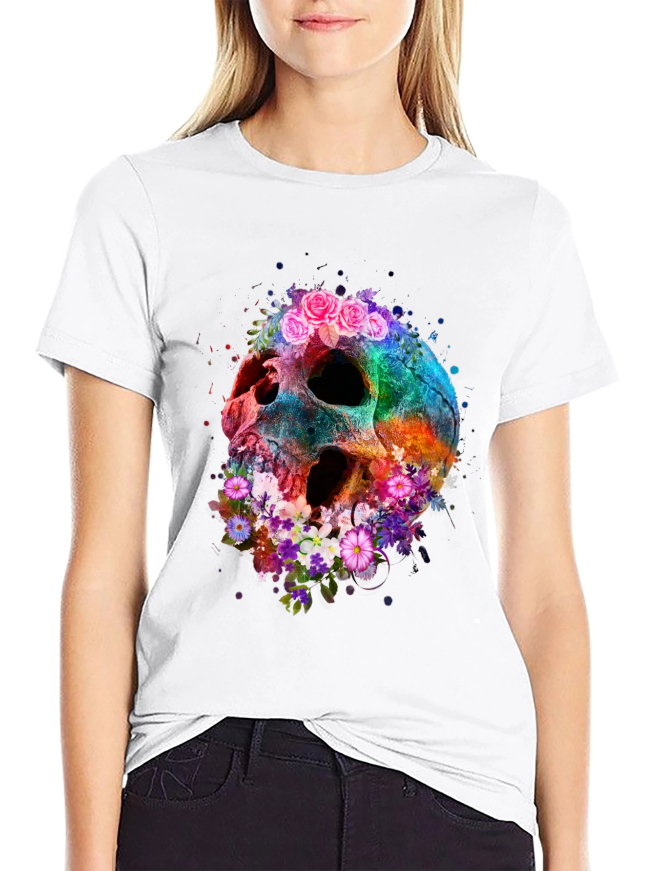 Floral Skull Graphic Tee - Black Cotton Blend