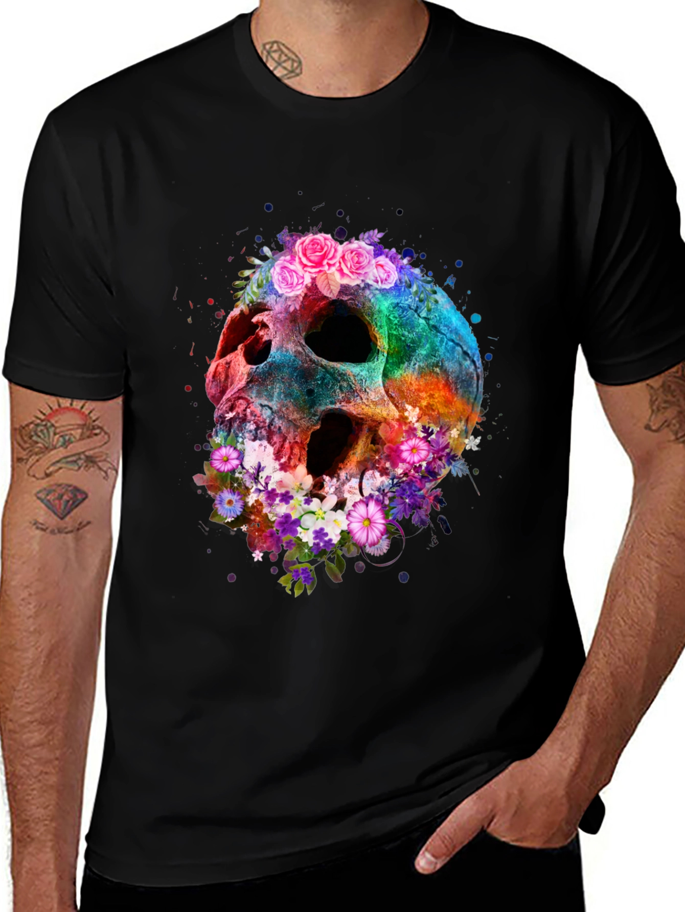 Floral Skull Graphic Tee - Black Cotton Blend
