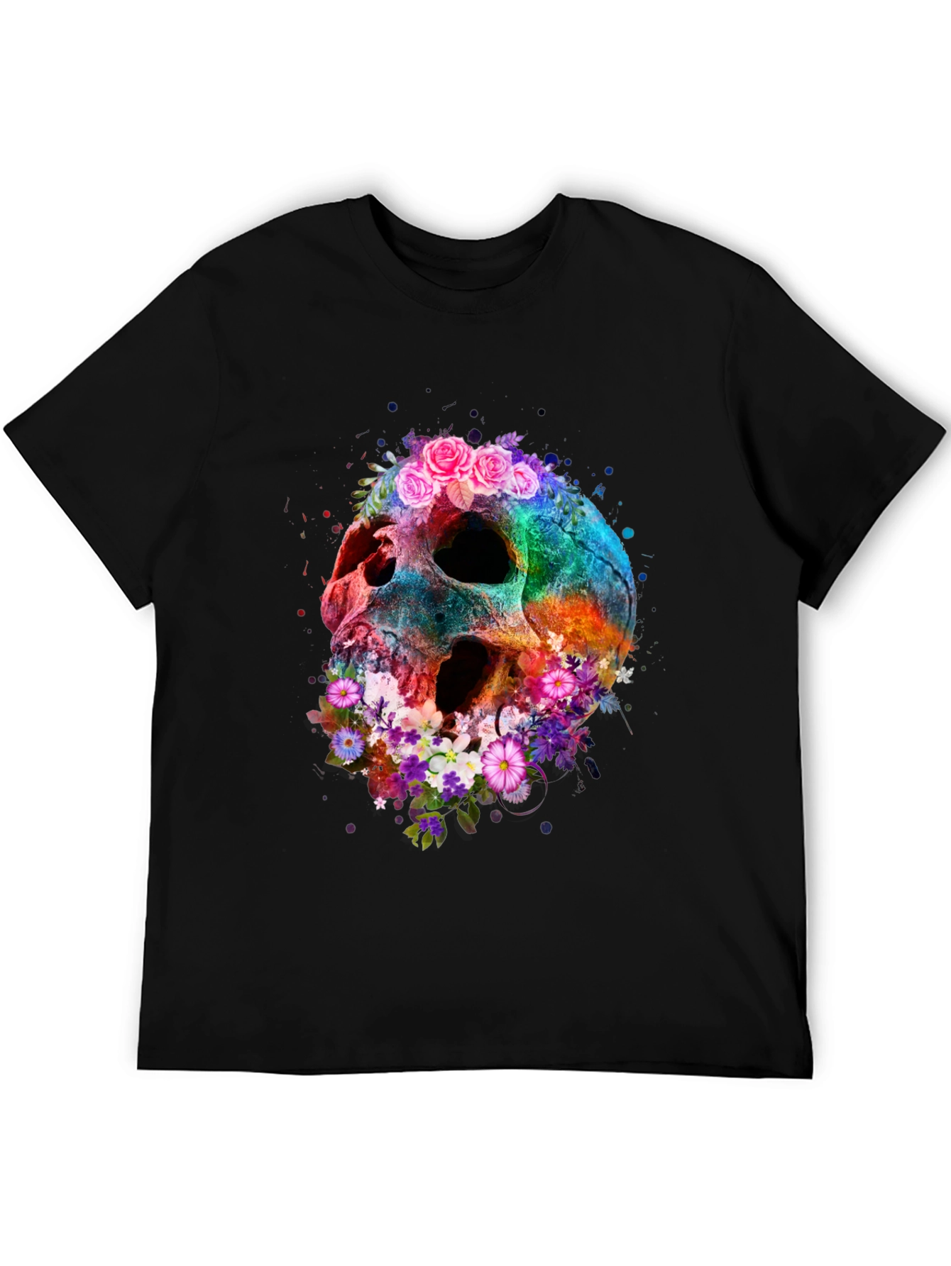 Floral Skull Graphic Tee - Black Cotton Blend