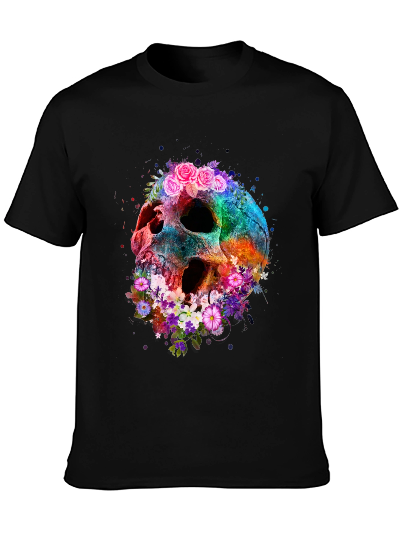 Floral Skull Graphic Tee - Black Cotton Blend