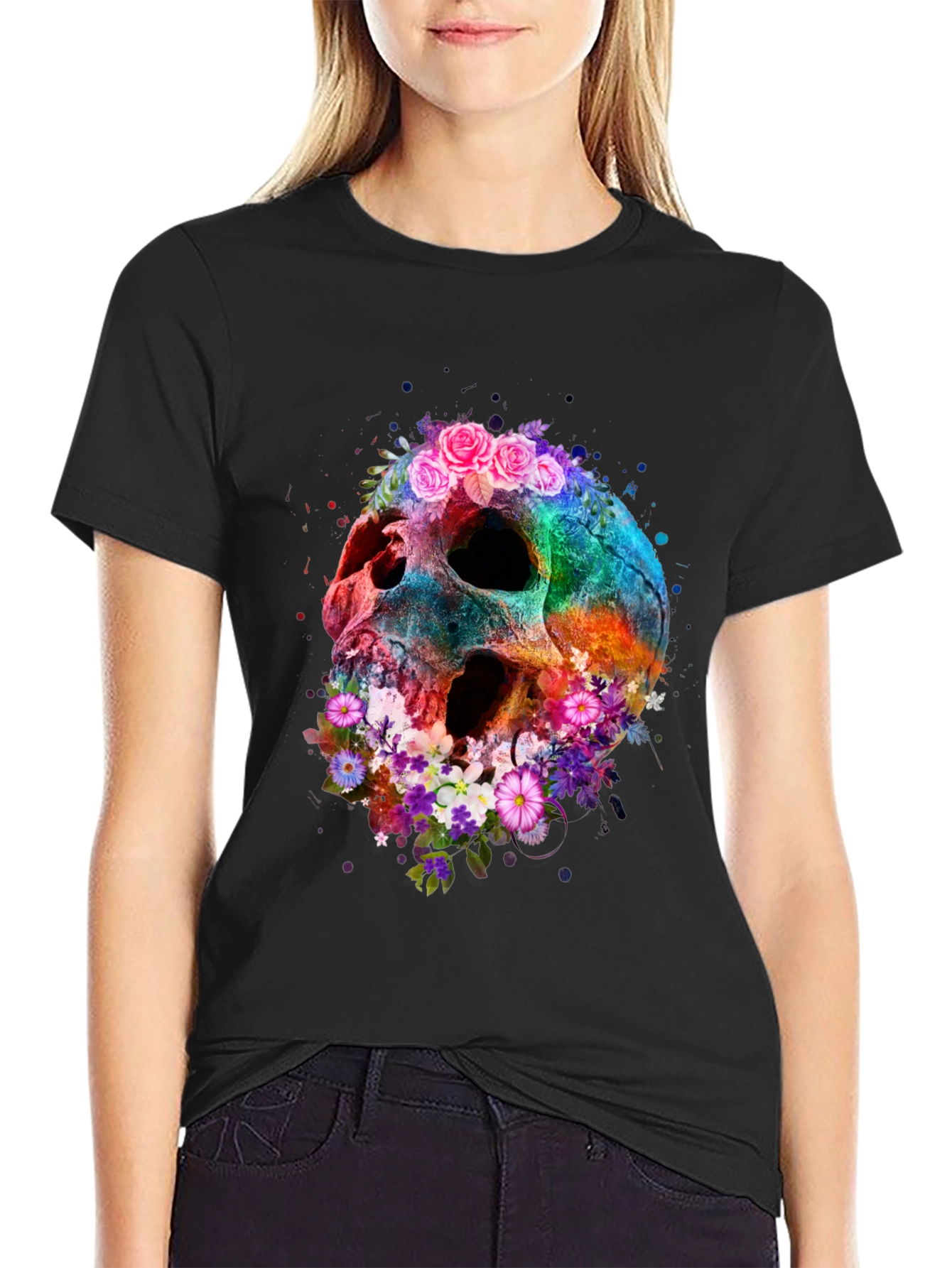 Floral Skull Graphic Tee - Black Cotton Blend