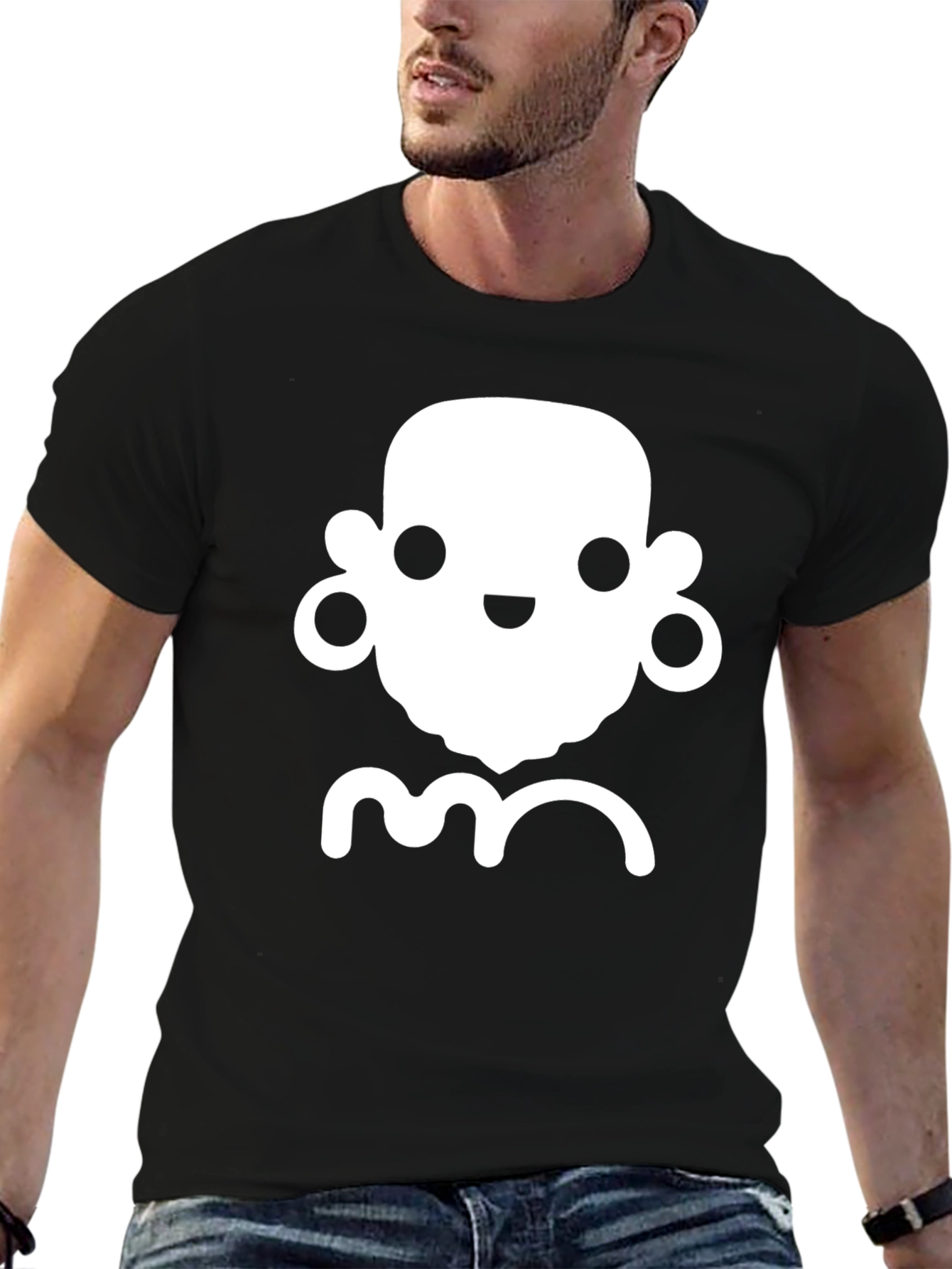 Black T-Shirt with Cute White Cartoon Face