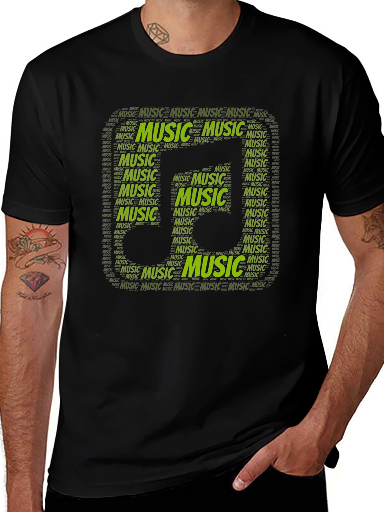Music Note Word Art Graphic Black T-Shirt