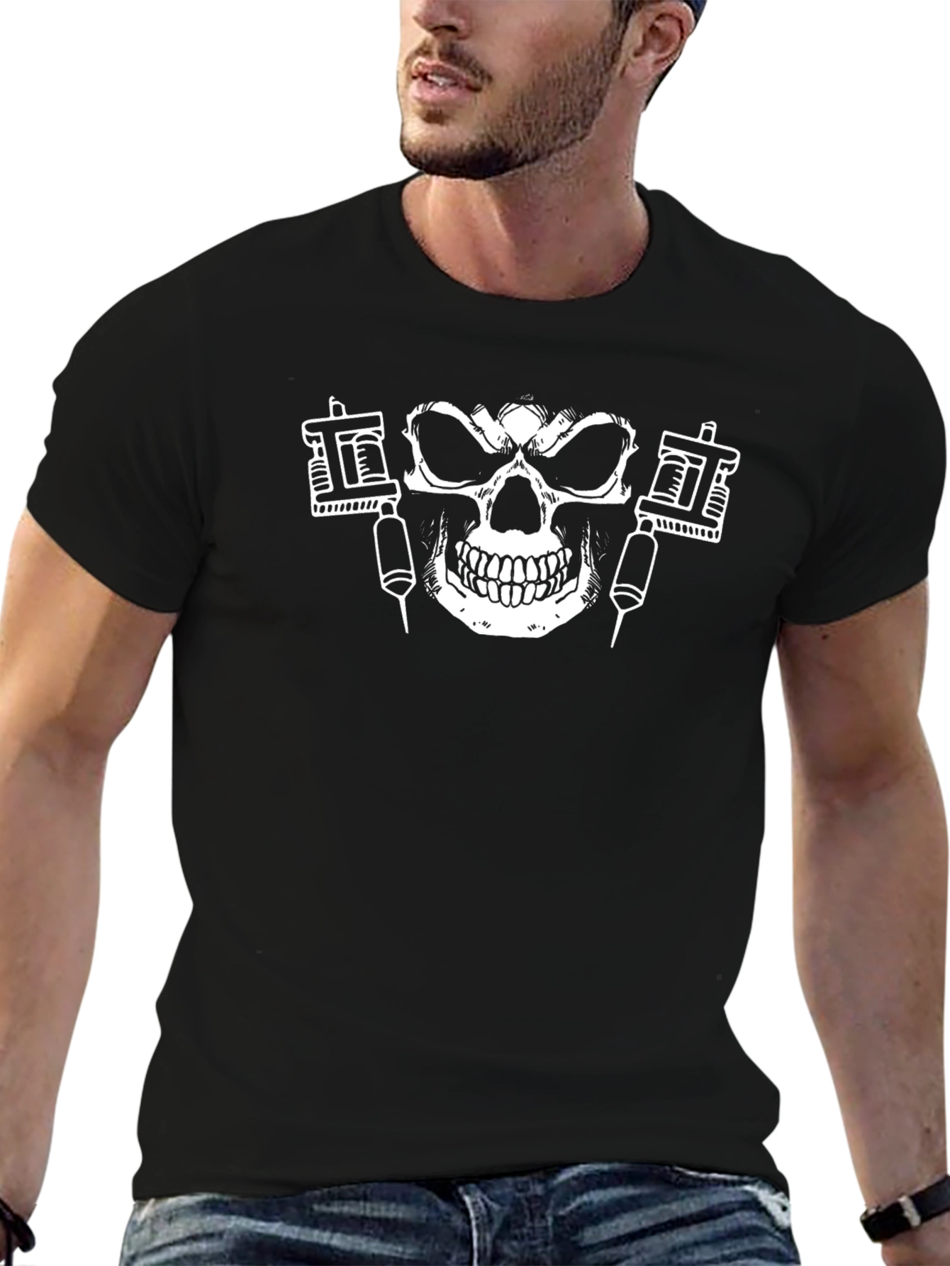 Edgy Tattoo Skull Graphic Black T-Shirt