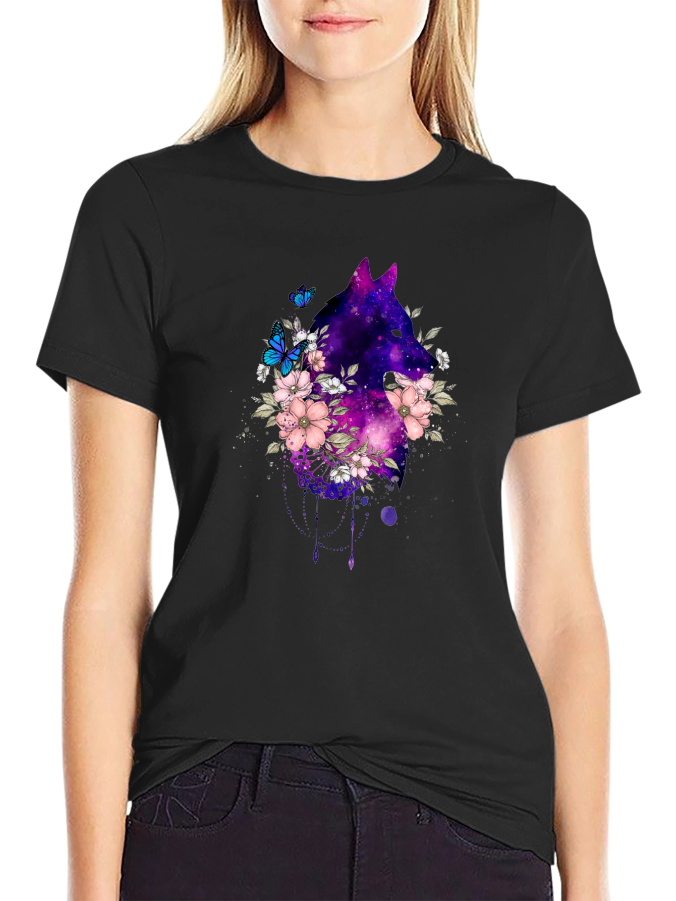 Galaxy Wolf Floral T-Shirt - Black