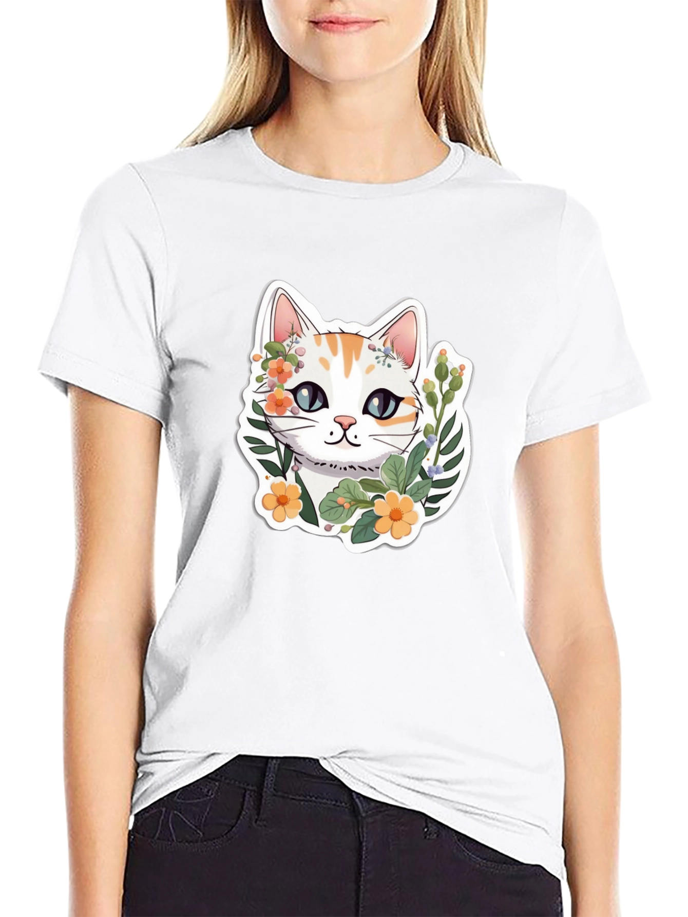 Floral Cat Graphic Tee - Cute & Stylish