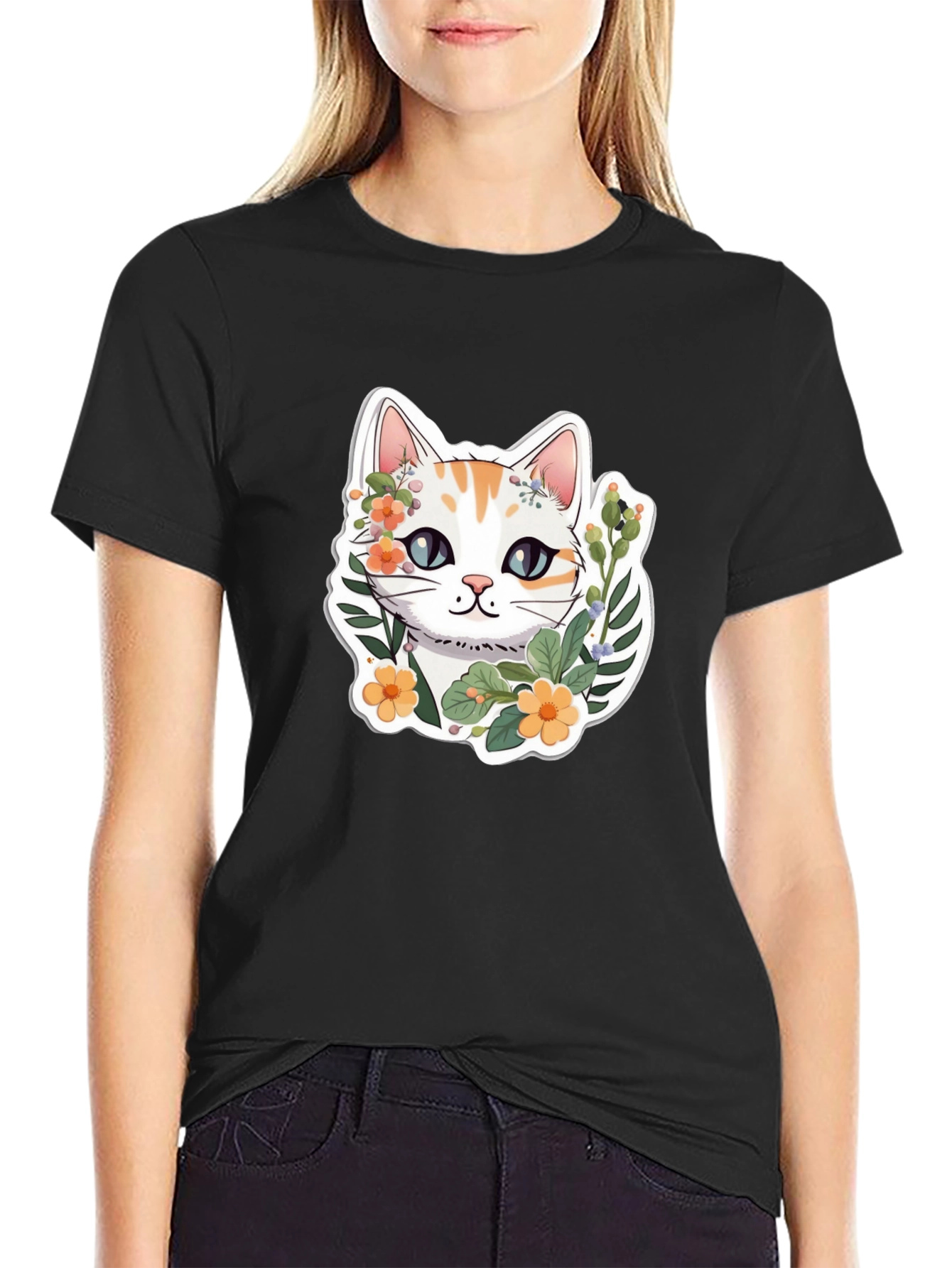 Floral Cat Graphic Tee - Cute & Stylish