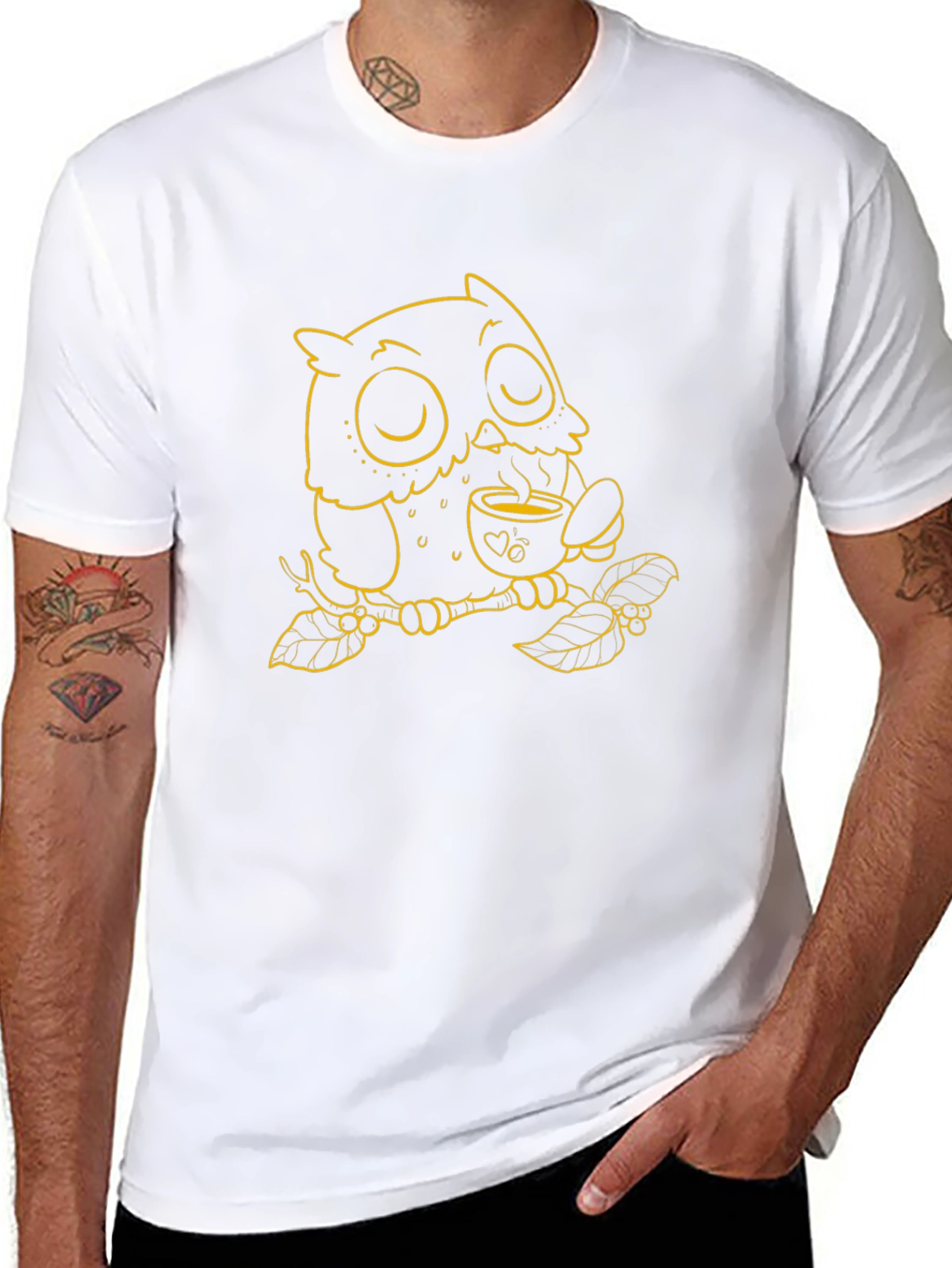 Owl with Coffee T-Shirt - Black