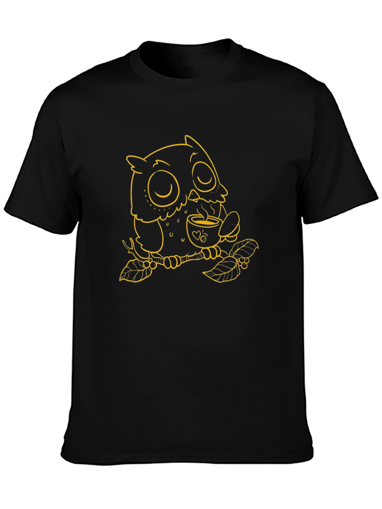 Owl with Coffee T-Shirt - Black
