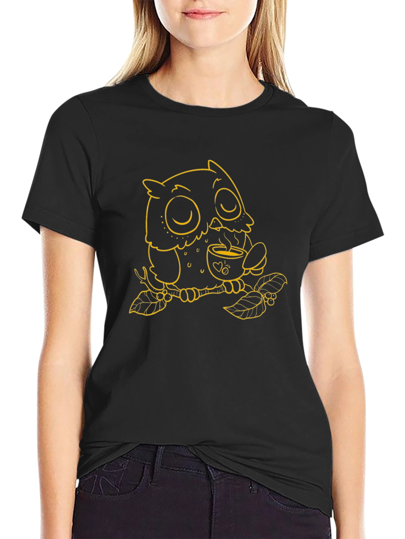 Owl with Coffee T-Shirt - Black