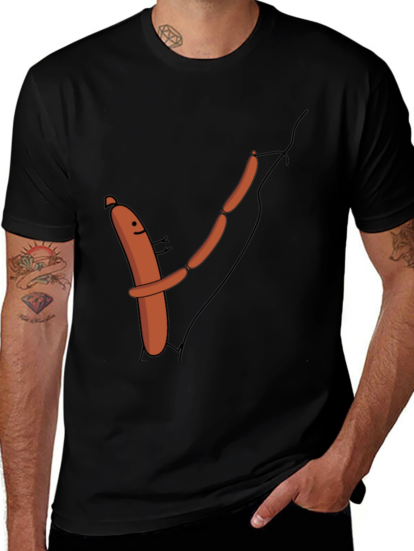 Funny Sausage Chain Hugging Black T-Shirt