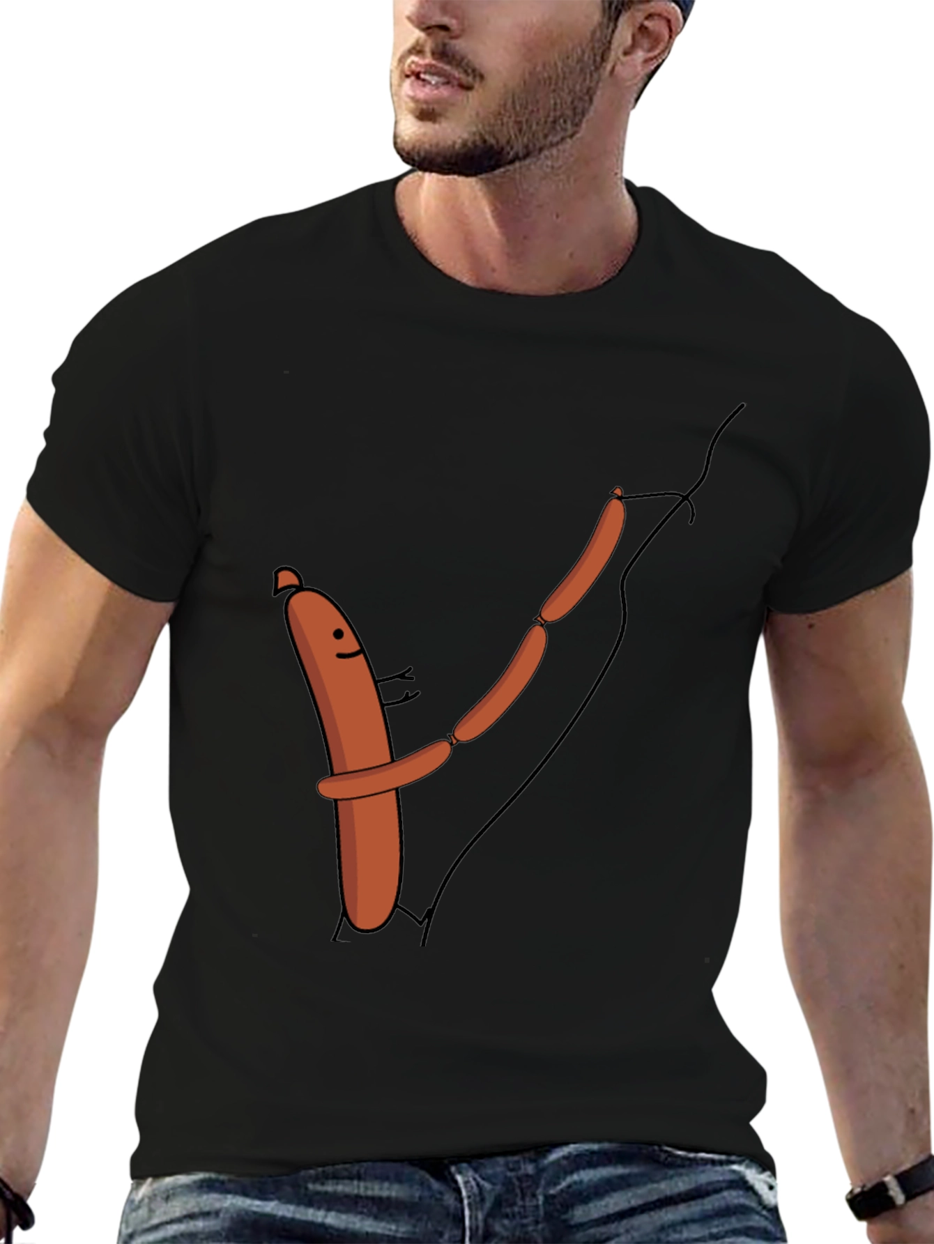 Funny Sausage Chain Hugging Black T-Shirt
