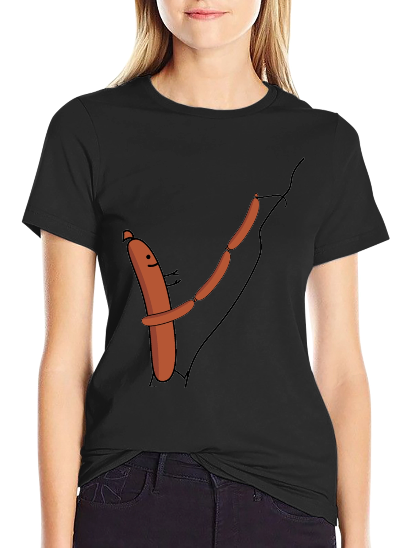 Funny Sausage Chain Hugging Black T-Shirt